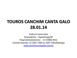 TOUROS CANCHIM CANTA GALO
28.01.14
Estância Canta Galo
Gramadinho – Itapetininga/SP
Proprietário(Valentin) - 11 9 9983 4551
Contato fazenda: 15 3207 7269 ou 3207 2201(Rodrigo)
www.canchimcantagalo.com.br

 