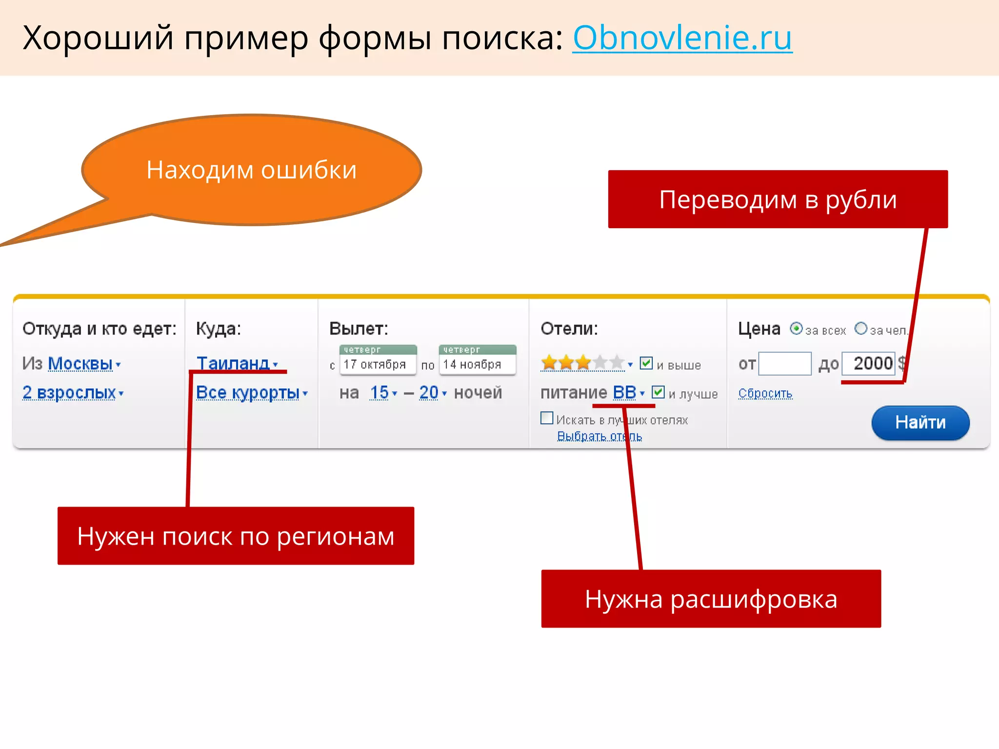 Хороший пример формы поиска: Obnovlenie.ru
Находим ошибки
Нужна расшифровка
Переводим в рубли
Нужен поиск по регионам
 