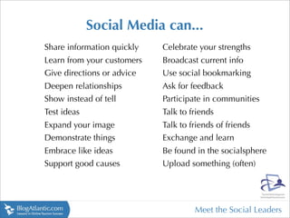 Social Media can...
Share information quickly   Celebrate your strengths
Learn from your customers   Broadcast current inf...