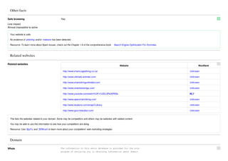Other facts

Safe browsing                                     Yes

Low impact
Almost impossible to solve

 Your website is safe.

 No evidence of phishing and/or malware has been detected.

 Resource: To learn more about Spam Issues, check out the Chapter 1.6 of the comprehensive book       Search Engine Optimization For Dummies .



  Related websites

Related websites
                                                                                                            Website                                     WooRank

                                                     http://www.sharkcagediving.co.za/                                                           Unknown

                                                     http://www.ultimate-animals.com/                                                            Unknown

                                                     http://www.sharkdivingunlimited.com/                                                        Unknown

                                                     http://www.sharkbookings.com/                                                               Unknown

                                                     http://www.youtube.com/watch%3Fv%3DL3PluNR5lXs                                              85.7

                                                     http://www.apexsharkdiving.com/                                                             Unknown

                                                     http://www.iexplore.com/amap/Culinary                                                       Unknown

                                                     http://www.gourmetsafari.com/                                                               Unknown


 This lists the websites related to your domain. Some may be competitors and others may be websites with related content.

 You may be able to use this information to see how your competitors are doing.

 Resource: Use SpyFu and SEMrush to learn more about your competitors' web marketing strategies.



  Domain

Whois                                             The information in this whois database is provided for the sole
                                                  purpose of assisting you in obtaining information about domain
 