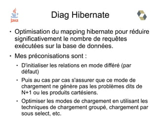 Diag Hibernate
●   Optimisation du mapping hibernate pour réduire
    significativement le nombre de requêtes
    exécutées sur la base de données.
●   Mes préconisations sont :
    ●   D'initialiser les relations en mode différé (par
        défaut)
    ●   Puis au cas par cas s'assurer que ce mode de
        chargement ne génère pas les problèmes dits de
        N+1 ou les produits cartésiens.
    ●   Optimiser les modes de chargement en utilisant les
        techniques de chargement groupé, chargement par
        sous select, etc.
 