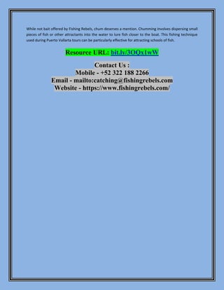 While not bait offered by Fishing Rebels, chum deserves a mention. Chumming involves dispersing small
pieces of fish or other attractants into the water to lure fish closer to the boat. This fishing technique
used during Puerto Vallarta tours can be particularly effective for attracting schools of fish.
Resource URL: bit.ly/3OQx1wW
Contact Us :
Mobile - +52 322 188 2266
Email - mailto:catching@fishingrebels.com
Website - https://www.fishingrebels.com/
 