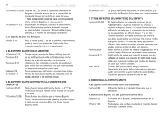 40 41
2 Corintios 13:14	 La gracia del Señor Jesucristo, el amor de Dios y la
comunión del Espíritu Santo sean con todos ustedes.
7. Otros aspectos del ministerio del Espíritu
Hechos 8:17–20	 [El Espíritu Santo no se puede comprar; es un
regalo:] Pedro y Juan les imponían las manos, y
recibían el Espíritu Santo. 18
Cuando Simón vio que
el Espíritu se daba por la imposición de las manos
de los apóstoles, les ofreció dinero, 19
y les dijo:
«Denme también a mí esta autoridad, de manera
que todo aquel sobre quien ponga mis manos reciba
el Espíritu Santo». 20
Entonces Pedro le contestó:
«Que tu plata perezca contigo, porque pensaste que
podías obtener el don de Dios con dinero».
Hechos 20:28	 Estén atentos y cuiden de toda la congregación, en la
cual el Espíritu Santo los ha puesto como pastores.
Romanos 8:11	 Si el Espíritu de aquel que resucitó a Jesús vive en
ustedes, el mismo que resucitó a Cristo dará nueva
vida a sus cuerpos mortales por medio del Espíritu
de Dios que vive en ustedes.
Juan 16:8,9	 Cuando [el Espíritu Santo] venga, mostrará
claramente a la gente del mundo quién es pecador,
quién es inocente, y quién recibe el juicio de Dios.
9
 Quién es pecador: el que no cree en Mí.
8. Obediencia al Espíritu Santo
A. El Espíritu Santo desciende sobre los obedientes:
Hechos 5:32	 El Espíritu Santo […] ha dado Dios a los que lo
obedecen.
B. Obedecer al Espíritu una vez que nos llenamos de Él:
Gálatas 5:25	 Si vivimos en el Espíritu, andemos también en el
Espíritu.
1 Pedro 1:22	 Al obedecer a la verdad, mediante el Espíritu, habéis
purificado vuestras almas.
1 Corintios 12:10,11	 Dios les da […] a otros la capacidad de hablar en
lenguas; y todavía a otros les da la capacidad de
interpretar lo que se ha dicho en esas lenguas.
11
 Pero todas estas cosas las hace con Su poder el
único y mismo Espíritu. (V. 1 Corintios 14:13.)
1 Corintios 14:2,4	 El que habla en lenguas, no habla a los hombres,
sino a Dios; porque nadie le entiende, aunque
en espíritu hable misterios. 4
El que habla lengua
extraña, a sí mismo se edifica [se hace bien].
G. El Espíritu de Dios nos fortalece:
Efesios 3:16	 Pido al Padre que […] les dé a ustedes, interiormente,
poder y fuerza por medio del Espíritu de Dios.
	 (V. también Jueces 14:6,19; 15:14,15 sobre Sansón.)
5. el Espíritu Santo nos da Libertad
2 Corintios 3:17	 Donde hay el Espíritu del Señor, allí hay libertad.
Romanos 8:2	 La ley del Espíritu de vida en Cristo Jesús me ha
librado de la ley del pecado y de la muerte.
Romanos 8:15	 Ustedes no han recibido un espíritu de esclavitud
para volver otra vez al temor, sino que han recibido
un espíritu de adopción como hijos.
Gálatas 5:18	 Si son guiados por el Espíritu, no están bajo la Ley.
2 Timoteo 1:7	 No nos ha dado Dios espíritu de cobardía, sino de
poder, de amor y de dominio propio.
6. El Espíritu Santo contribuye a la unidad de los
creyentes
Hechos 4:31,32	 Todos fueron llenos del Espíritu Santo. […] 32
Y la
multitud de los que habían creído era de un corazón
y un alma.
1 Corintios 12:13	 Todos fuimos bautizados por el mismo Espíritu
Santo, para formar una sola iglesia y un solo cuerpo.
A cada uno de nosotros Dios nos dio el mismo
Espíritu Santo.
el espíritu santoel espíritu santo
 
