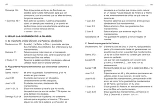 48 49
semejante a un hombre que mira su rostro natural
en un espejo; 24
pues después de mirarse a sí mismo
e irse, inmediatamente se olvida de qué clase de
persona es.
1 Juan 2:3	 Nosotros sabemos que conocemos a Dios porque
obedecemos Sus mandamientos.
1 Juan 5:3	 Este es el amor a Dios, que guardemos Sus
mandamientos.
2 Juan 6	 Este es el amor, que andemos según Sus
mandamientos.
Apocalipsis 3:8	 Has guardado Mi palabra, y no has negado Mi
nombre.
C. Beneficios de guardar la Palabra:
Deuteronomio 7:9	 El Señor tu Dios es Dios, el Dios fiel, que guarda Su
pacto y Su misericordia hasta mil generaciones con
aquellos que lo aman y guardan Sus mandamientos.
Salmo 37:31	 La ley de su Dios está en su corazón; por tanto sus
pasos no vacilarán.
Lucas 8:15	 Los que han oído la palabra con corazón recto
y bueno, y la retienen, […] dan fruto con su
perseverancia.
Lucas 11:28	 Bienaventurados los que oyen la palabra de Dios, y la
guardan.
Juan 15:7	 Si permanecen en Mí, y Mis palabras permanecen en
ustedes, pidan lo que quieran y les será hecho.
Juan 15:10	 Si guardan Mis mandamientos, permanecerán en Mi
amor, así como Yo he guardado los mandamientos
de Mi Padre y permanezco en Su amor.
1 Juan 2:5	 El que guarda Su Palabra, en este verdaderamente el
amor de Dios se ha perfeccionado.
1 Juan 3:24	 El que guarda Sus mandamientos, permanece en
Dios, y Dios en él. (V. también 1 Juan 2:24.)
Romanos 15:4	 Todo lo que antes se dijo en las Escrituras, se
escribió para nuestra instrucción, para que con
constancia y con el consuelo que de ellas recibimos,
tengamos esperanza.
1 Corintios 10:11	 Todo esto les sucedió a nuestros antepasados
como un ejemplo para nosotros, y fue puesto en
las Escrituras como una advertencia para los que
vivimos en estos tiempos últimos.
	 (V. también 1 Juan 5:13.)
6. Seguir las enseñanzas de la Palabra
A. Es importante prestar atención a la Palabra y obedecerla:
Deuteronomio 11:1	 Amarás […] al Señor tu Dios, y guardarás siempre
Sus mandatos, Sus estatutos, Sus ordenanzas y Sus
mandamientos.
Hebreos 2:1	 Debemos poner más interés en el mensaje de
salvación que hemos oído, para no apartarnos del
camino que Dios nos señala.
2 Pedro 1:19	 Tenemos la palabra profética más segura, a la cual
ustedes hacen bien en prestar atención.
B. Al guardar la Palabra demostramos que conocemos y amamos a
Jesús:
Salmo 119:167	 Mi alma ha guardado Tus testimonios, y los he
amado en gran manera.
Juan 8:31	 Si ustedes permanecen en Mi palabra,
verdaderamente son Mis discípulos.
Juan 14:15	 Si ustedes me aman, obedecerán Mis
mandamientos.
Juan 14:21,23	 El que me obedece y hace lo que Yo mando,
demuestra que me ama de verdad. 23
Si alguien me
ama, también me obedece.
Santiago 1:22–24	 Sean hacedores de la palabra y no solamente
oidores que se engañan a sí mismos. 23
Porque si
alguien es oidor de la palabra, y no hacedor, es
la palabra de diosla palabra de dios
 