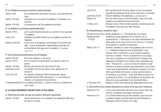52 53
Job 23:12	 Del mandamiento de Sus labios nunca me separé;
guardé las palabras de Su boca más que mi comida.
Jeremías 15:16	 Fueron halladas Tus palabras, y yo las comí.
Mateo 4:4	 No con solo el pan vivirá el hombre, mas con toda
palabra que sale de la boca de Dios.
1 Pedro 2:2	 Deseen como niños recién nacidos, la leche pura de
la palabra, para que por ella crezcan.
B. Enseñársela a nuestros hijos:
Deuteronomio 6:6,7	Estas palabras […] 7
las repetirás a tus hijos.
Deuteronomio	 Grábense estas palabras en la mente y en el
11:18,19 	 pensamiento. 19
Instruyan a sus hijos hablándoles de
ellas tanto en la casa como en el camino, y cuando
se acuesten y cuando se levanten.
Salmo 78:1–7	 Inclinen ustedes su oído a las palabras de mi boca.
2
 […] Hablaré enigmas de la antigüedad, 3
que
hemos oído y conocido, y que nuestros padres
nos han contado. 4
No lo ocultaremos a sus hijos,
sino que contaremos a la generación venidera las
alabanzas del Señor, Su poder y las maravillas que
hizo. 5
 Porque Él […] puso una ley en Israel, la cual
ordenó a nuestros padres que enseñaran a sus hijos,
6
para que la generación venidera lo supiera, aun los
hijos que habían de nacer, y estos se levantaran y
lo contaran a sus hijos, 7
para que ellos pusieran su
confianza en Dios, y no se olvidaran de las obras de
Dios sino que guardaran Sus mandamientos.
2 Timoteo 3:15	 Desde la niñez has sabido las Sagradas Escrituras.
C. Dar leche a los nuevos discípulos y carne a los que son maduros:
Hebreos 5:13	 Los que se alimentan de leche son como niños de
pecho, incapaces de juzgar rectamente.
Hebreos 5:14	 La comida sólida es para los adultos, para los que
ya saben juzgar, porque están acostumbrados a
distinguir entre lo bueno y lo malo.
D. La Palabra nos guía e ilumina nuestra senda:
Salmo 19:8	 El mandamiento del Señor es puro, que alumbra los
ojos.
Salmo 119:105	 Lámpara es a mis pies Tu palabra, y lumbrera a mi
camino.
Salmo 119:130	 La exposición de Tus palabras alumbra.
E. La Palabra nos limpia espiritualmente:
Salmo 119:9	 ¿Con qué limpiará el joven su camino? Con guardar
Tu palabra.
Juan 15:3	 Ustedes ya están limpios por la palabra que les he
hablado.
Efesios 5:25,26	 Cristo amó a la iglesia y se entregó a Sí mismo por
ella, 26
para santificarla, habiéndola purificado en
el lavamiento del agua por la palabra. (V. también
Juan 17:17.)
F. Otros efectos beneficiosos de la Palabra:
Salmo 107:20	 Envió Su palabra, y los sanó.
Salmo 119:11	 En mi corazón he guardado Tus dichos, para no
pecar.
Salmo 119:165	 Mucha paz tienen los que aman Tu ley.
Jeremías 15:16	 Tu palabra me fue por gozo y por alegría de mi
corazón.
Juan 8:31,32	 Si ustedes obedecen Mis enseñanzas, serán
verdaderamente Mis discípulos; 32
y conocerán la
verdad, y la verdad los hará libres.
1 Tesalonicenses 2:13	La palabra de Dios […] hace su obra en ustedes los
que creen.
8. Lo que debemos hacer con la Palabra
A. Nutrirnos de ella, ya que es nuestro alimento espiritual:
Salmo 119:103	 ¡Cuán dulces son a mi paladar Tus palabras! Más que
la miel a mi boca.
la palabra de diosla palabra de dios
 
