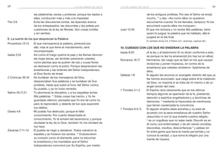 58 59
las palabrerías vacías y profanas, porque los dados a
ellas, conducirán más y más a la impiedad.
Tito 3:9	 Evita las discusiones tontas, las leyendas acerca
de los antepasados, las discordias y las peleas por
cuestiones de la ley de Moisés. Son cosas inútiles
y sin sentido.
E. La suerte de los que desprecian la Palabra:
Proverbios 13:13	 El que menosprecia la palabra, perecerá por
ello: mas el que teme el mandamiento, será
recompensado.
Isaías 5:24	 Así como el fuego quema la paja y las llamas devoran
las hojas secas, así también perecerán ustedes,
como plantas que se pudren de raíz y cuyas flores
se deshacen como el polvo. Porque despreciaron las
enseñanzas y las órdenes del Señor todopoderoso,
el Dios Santo de Israel.
2 Crónicas 36:16	 Se burlaban de los mensajeros de Dios,
despreciaban Sus palabras y se burlaban de Sus
profetas, hasta que subió el furor del Señor contra
Su pueblo, y ya no hubo remedio.
Salmo 50:17,21	 Tú aborreces la disciplina, y a tus espaldas echas
Mis palabras. 21
Estas cosas has hecho, y Yo he
guardado silencio; pensaste que Yo era tal como tú;
pero te reprenderé, y delante de tus ojos expondré
tus delitos.
Oseas 4:6	 Mi pueblo fue destruido, porque le faltó
conocimiento. Por cuanto desechaste el
conocimiento, Yo te echaré del sacerdocio; y porque
olvidaste la ley de tu Dios, también Yo me olvidaré de
tus hijos.
Zacarías 7:11–13	 El pueblo se negó a obedecer. Todos volvieron la
espalda y se hicieron los sordos. 12
Endurecieron
su corazón como el diamante, para no escuchar
la enseñanza y los mandatos que el Señor
todopoderoso comunicó por Su Espíritu, por medio
de los antiguos profetas. Por eso el Señor se enojó
mucho, 13
y dijo: «Así como ellos no quisieron
escucharme cuando Yo los llamaba, tampoco Yo los
escucharé cuando ellos me invoquen».
Juan 12:48	 El que me rechaza y no recibe Mis palabras, tiene
quien lo juzgue: la palabra que he hablado, ella lo
juzgará en el día final.
	 (V. también Amós 2:4; 2 Pedro 2:21; Jeremías, capítulo 36.)
10. Cuidado con los que no enseñan la Palabra
Isaías 8:20	 ¡A la ley y al testimonio! Si no dicen conforme a esto,
es porque no les ha amanecido [no hay luz en ellos].
Romanos 16:17	 Hermanos, les ruego que se fijen en los que causan
divisiones y ponen tropiezos, en contra de la
enseñanza que ustedes recibieron. Apártense de
ellos.
Gálatas 1:8	 Si alguien les anuncia un evangelio distinto del que ya
les hemos anunciado, que caiga sobre él la maldición
de Dios, no importa si se trata de mí mismo o de un
ángel venido del cielo.
1 Timoteo 4:1,2	 El Espíritu dice claramente que en los últimos
tiempos algunos se apartarán de la fe, prestando
atención a espíritus engañadores y a doctrinas de
demonios, 2
mediante la hipocresía de mentirosos
que tienen cauterizada la conciencia.
1 Timoteo 6:3–5	 Si alguien enseña ideas extrañas y no está de
acuerdo con la sana enseñanza de nuestro Señor
Jesucristo ni con lo que enseña nuestra religión,
4
 es un orgulloso que no sabe nada. Discutir es en
él como una enfermedad; y de ahí vienen envidias,
discordias, insultos, desconfianzas 5
y peleas sin
fin entre gente que tiene la mente pervertida y no
conoce la verdad, y que toma la religión por una
fuente de riqueza.
la palabra de diosla palabra de dios
 