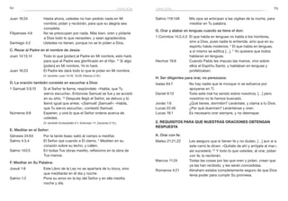 62 63
Salmo 119:148	 Mis ojos se anticipan a las vigilias de la noche, para
meditar en Tu palabra.
G. Orar y alabar en lenguas cuando se tiene el don:
1 Corintios 14:2,4,5	 El que habla en lenguas no habla a los hombres,
sino a Dios, pues nadie lo entiende, sino que en su
espíritu habla misterios. 4
El que habla en lenguas,
a sí mismo se edifica […]. 5
Yo quisiera que todos
hablaran en lenguas.
Hechos 19:6	 Cuando Pablo les impuso las manos, vino sobre
ellos el Espíritu Santo, y hablaban en lenguas y
profetizaban.
H. Ser diligentes para orar, no perezosos:
Isaías 64:7	 No hay nadie que te invoque ni se esfuerce por
apoyarse en Ti.
Daniel 9:13	 Todo este mal ha venido sobre nosotros, […] pero
nosotros no te hemos buscado.
Jonás 1:6	 ¿Qué tienes, dormilón? Levántate, y clama a tu Dios.
Lucas 22:46	 ¿Por qué duermen? Levántense y oren.
Lucas 18:1	 Es necesario orar siempre, y no desmayar.
2. Requisitos para que nuestras oraciones obtengan
respuesta
A. Orar con fe:
Mateo 21:21,22	 Les aseguro que si tienen fe y no dudan, […] aun si a
este cerro le dicen: «Quítate de ahí y arrójate al mar»,
así sucederá. 22
Y todo lo que ustedes, al orar, pidan
con fe, lo recibirán.
Marcos 11:24	 Todas las cosas por las que oren y pidan, crean que
ya las han recibido, y les serán concedidas.
Romanos 4:21	 Abraham estaba completamente seguro de que Dios
tenía poder para cumplir Su promesa.
oraciónoración
Juan 16:24	 Hasta ahora, ustedes no han pedido nada en Mi
nombre; pidan y recibirán, para que su alegría sea
completa.
Filipenses 4:6	 No se preocupen por nada. Más bien, oren y pídanle
a Dios todo lo que necesiten, y sean agradecidos.
Santiago 4:2	 Ustedes no tienen, porque no se lo piden a Dios.
C. Rezar al Padre en el nombre de Jesús:
Juan 14:13,14	 Todo lo que [pidan] al Padre en Mi nombre, esto haré,
para que el Padre sea glorificado en el Hijo. 14
Si algo
[piden] en Mi nombre, Yo lo haré.
Juan 16:23	 El Padre les dará todo lo que le pidan en Mi nombre.
	 (V. también Juan 15:16; 16:26; Efesios 2:18.)
D. La oración también consiste en escuchar a Dios:
1 Samuel 3:9,10	 Si el Señor te llama, respóndele: «Habla, que Tu
siervo escucha». Entonces Samuel se fue y se acostó
en su sitio. 10
Después llegó el Señor, se detuvo y lo
llamó igual que antes: «¡Samuel! ¡Samuel!» «Habla,
que Tu siervo escucha», contestó Samuel.
Números 9:8	 Esperen, y oiré lo que el Señor ordene acerca de
ustedes.
	 (V. también Eclesiastés 5:1; Sofonías 1:7; Zacarías 2:13.)
E. Meditar en el Señor:
Génesis 24:63	 Por la tarde Isaac salió al campo a meditar.
Salmo 4:3,4	 El Señor oye cuando a Él clamo. 4
Mediten en su
corazón sobre su lecho, y callen.
Salmo 143:5	 En todas Tus obras medito, reflexiono en la obra de
Tus manos.
F. Meditar en Su Palabra:
Josué 1:8	 Este Libro de la Ley no se apartará de tu boca, sino
que meditarás en él día y noche.
Salmo 1:2	 Pone su amor en la ley del Señor y en ella medita
noche y día.
 