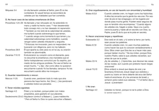 68 69
G. Orar orgullosamente, en vez de hacerlo con sinceridad y humildad:
Mateo 6:5,6	 Cuando ustedes oren, no hagan como los hipócritas.
A ellos les encanta que la gente los vea orar. Por eso
oran de pie en las sinagogas y en los lugares por
donde pasa mucha gente. Pueden estar seguros de
que no tendrán otra recompensa. 6
Cuando alguno
de ustedes ore, hágalo a solas. Vaya a su cuarto,
cierre la puerta y hable allí en secreto con Dios, su
Padre, pues Él da lo que se le pide en secreto.
H. Hacer oraciones largas y repetitivas:
Eclesiastés 5:2	 Dios está en el cielo, y tú sobre la tierra: por tanto,
sean pocas tus palabras.
Mateo 6:7,8	 Cuando ustedes oren, no usen muchas palabras,
como hacen los que no conocen verdaderamente a
Dios. Ellos creen que Dios les va a hacer más caso
porque hablan mucho. 8
No los imiten, porque Dios,
nuestro Padre, sabe lo que ustedes necesitan, aun
antes de que se lo pidan.
Mateo 23:14	 ¡Ay de ustedes, […] hipócritas, que devoran las casas
de las viudas, aun cuando por pretexto hacen largas
oraciones!
Josué 7:6,10	 [Dios ordenó a Josué que dejara de orar y se
levantara.] Entonces Josué rasgó sus vestidos y
postró su rostro en tierra delante del arca del Señor
hasta el anochecer, él y los ancianos de Israel; y
echaron polvo sobre sus cabezas. 10
Y el Señor dijo a
Josué: «¡Levántate!»
I. No orar:
Santiago 4:2	 Ustedes no tienen, porque no se lo piden a Dios.
	 (V. también Isaías 64:7.)
Miqueas 3:4	 Un día llamarán ustedes al Señor, pero Él no les
contestará. En aquel tiempo se esconderá de
ustedes por las maldades que han cometido.
D. No hacer caso de las sabias enseñanzas de Dios:
Proverbios 1:24–28	 He llamado y han rehusado oír, he extendido mi
mano y nadie ha hecho caso. 25
Han desatendido
todo consejo mío y no han deseado mi reprensión.
26
 También yo me reiré de la calamidad de ustedes,
me burlaré cuando sobrevenga lo que temen,
27
 cuando venga como tormenta lo que temen y su
calamidad sobrevenga como torbellino, cuando
vengan sobre ustedes tribulación y angustia.
28 
Entonces me invocarán, pero no responderé; me
buscarán con diligencia, pero no me hallarán.
Proverbios 28:9	 Él que aparta su oído para no oír la Ley, su oración
también es abominable.
Zacarías 7:12,13	 Endurecieron su corazón como el diamante, para
no escuchar la enseñanza y los mandatos que el
Señor todopoderoso comunicó por Su espíritu, por
medio de los antiguos profetas. Por eso el Señor se
enojó mucho, 13
y dijo: «Así como ellos no quisieron
escucharme cuando Yo los llamaba, tampoco Yo los
escucharé cuando ellos me invoquen».
E. Guardar resentimiento o rencor:
Marcos 11:25	 Cuando oren, perdonen todo lo malo que otra
persona les haya hecho. Así, Dios […] les perdonará
a ustedes todos sus pecados.
F. Tener móviles egoístas:
Santiago 4:3	 Piden y no reciben, porque piden con malos
propósitos, para gastarlo en sus placeres.
Deuteronomio 23:4,5	Alquilaron contra ti a Balaam […] para maldecirte.
5
 Pero el Señor tu Dios no quiso escuchar a Balaam.
oraciónoración
 