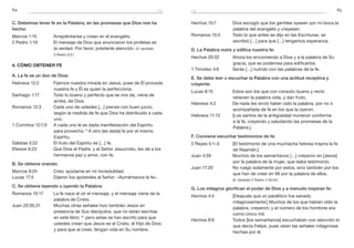 84 85
Hechos 15:7	 Dios escogió que los gentiles oyesen por mi boca la
palabra del evangelio y creyesen.
Romanos 15:4	 Todo lo que antes se dijo en las Escrituras, se
escribió […] para que […] tengamos esperanza.
D. La Palabra nutre y edifica nuestra fe:
Hechos 20:32	 Ahora los encomiendo a Dios y a la palabra de Su
gracia, que es poderosa para edificarlos.
1 Timoteo 4:6	 Serás […] nutrido con las palabras de la fe.
E. Se debe leer o escuchar la Palabra con una actitud receptiva y
creyente:
Lucas 8:15	 Estos son los que con corazón bueno y recto
retienen la palabra oída, y dan fruto.
Hebreos 4:2	 De nada les sirvió haber oído la palabra, por no ir
acompañada de fe en los que la oyeron.
Hebreos 11:13	 [Los santos de la antigüedad murieron conforme
a la fe, creyendo y saludando las promesas de la
Palabra.]
F. Conviene escuchar testimonios de fe:
2 Reyes 5:1–5	 [El testimonio de una muchacha hebrea inspira la fe
de Naamán.]
Juan 4:39	 Muchos de los samaritanos […] creyeron en [Jesús]
por la palabra de la mujer, que daba testimonio.
Juan 17:20	 No ruego solamente por estos, sino también por los
que han de creer en Mí por la palabra de ellos.
	 (V. también 2 Pedro 1:16,19.)
G. Los milagros glorifican el poder de Dios y a menudo inspiran fe:
Hechos 4:4	 [Después que un paralítico fue sanado
milagrosamente:] Muchos de los que habían oído la
palabra, creyeron; y el número de los hombres era
como cinco mil.
Hechos 8:6	 Todos [los samaritanos] escuchaban con atención lo
que decía Felipe, pues veían las señales milagrosas
hechas por él.
C. Debemos tener fe en la Palabra, en las promesas que Dios nos ha
hecho:
Marcos 1:15	 Arrepiéntanse y crean en el evangelio.
2 Pedro 1:19	 El mensaje de Dios que anunciaron los profetas es
la verdad. Por favor, préstenle atención. (V. también
2 Pedro 3:2.)
4. Cómo obtener fe
A. La fe es un don de Dios:
Hebreos 12:2	 Fijemos nuestra mirada en Jesús, pues de Él procede
nuestra fe y Él es quien la perfecciona.
Santiago 1:17	 Todo lo bueno y perfecto que se nos da, viene de
arriba, de Dios.
Romanos 12:3	 Cada uno de ustedes […] piense con buen juicio,
según la medida de fe que Dios ha distribuido a cada
uno.
1 Corintios 12:7,9	 A cada uno le es dada manifestación del Espíritu
para provecho. 9
A otro [es dada] fe por el mismo
Espíritu.
Gálatas 5:22	 El fruto del Espíritu es […] fe.
Efesios 6:23	 Que Dios el Padre, y el Señor Jesucristo, les dé a los
hermanos paz y amor, con fe.
B. Se obtiene orando:
Marcos 9:24	 Creo; ayúdame en mi incredulidad.
Lucas 17:5	 Dijeron los apóstoles al Señor: «Auméntanos la fe».
C. Se obtiene leyendo u oyendo la Palabra:
Romanos 10:17	 La fe nace al oír el mensaje, y el mensaje viene de la
palabra de Cristo.
Juan 20:30,31	 Muchas otras señales hizo también Jesús en
presencia de Sus discípulos, que no están escritas
en este libro; 31
pero estas se han escrito para que
ustedes crean que Jesús es el Cristo, el Hijo de Dios;
y para que al creer, tengan vida en Su nombre.
fefe
 
