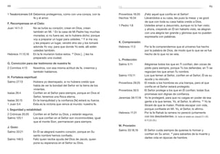 88 89
Proverbios 16:20	 ¡Feliz aquel que confía en el Señor!
Hechos 16:34	 Llevándolos a su casa, les puso la mesa: y se gozó
de que con toda su casa había creído a Dios.
1 Pedro 1:8	 Ustedes aman a Jesucristo, aunque no lo han visto;
y ahora, creyendo en Él sin haberlo visto, se alegran
con una alegría tan grande y gloriosa que no pueden
expresarla con palabras.
K. Comprensión:
Hebreos 11:3	 Por la fe comprendemos que el universo fue hecho
por la palabra de Dios, de modo que lo que se ve fue
hecho de lo que no se veía.
L. Protección:
Salmo 5:11	 Alégrense todos los que en Ti confían; den voces de
júbilo para siempre, porque Tú los defiendes; en Ti se
regocijen los que aman Tu nombre.
Salmo 115:11	 Los que temen al Señor, confíen en el Señor; Él es su
ayuda y su escudo.
Proverbios 29:25	 El miedo a los hombres es una trampa, pero el que
confía en el Señor estará protegido.
Proverbios 30:5	 El Señor protege a los que en Él confían; todas Sus
promesas son dignas de confianza.
Jeremías 39:17,18	 Yo te protegeré, para que no caigas en poder de esa
gente a la que temes. Yo, el Señor, lo afirmo. 18
Yo te
libraré de que te maten. Podrás escapar con vida,
porque confiaste en Mí. Yo, el Señor, lo afirmo.
Hebreos 11:31	 Por la fe Rahab la ramera no pereció juntamente
con los desobedientes. (V. todo el relato en Josué 2:1–22;
6:17,22–25.)
M. Provisión:
Salmo 33:18,19	 El Señor cuida siempre de quienes lo honran y
confían en Su amor, 19
para salvarlos de la muerte y
darles vida en épocas de hambre.
1 Tesalonicenses 5:8	Debemos protegernos, como con una coraza, con la
fe y el amor.
F. Recompensas en el Cielo:
Juan 14:1–3	 No se turbe su corazón; crean en Dios, crean
también en Mí. 2
En la casa de Mi Padre hay muchas
moradas; si no fuera así, se lo hubiera dicho; porque
voy a preparar un lugar para ustedes. 3
Y si me voy
y les preparo un lugar, vendré otra vez y los tomaré
adonde Yo voy; para que donde Yo esté, allí estén
ustedes también.
Hebreos 11:13,16	 En la fe murieron todos estos. 16
Dios […] les ha
preparado una ciudad.
G. Convicción para dar testimonio de nuestra fe:
2 Corintios 4:13	 Nosotros, con esa misma actitud de fe, creemos y
también hablamos.
H. Fortaleza espiritual:
Salmo 27:13	 Hubiera yo desmayado, si no hubiera creído que
había de ver la bondad del Señor en la tierra de los
vivientes.
Isaías 26:4	 Confíen en el Señor para siempre, porque en Dios el
Señor, tenemos una Roca eterna.
Isaías 30:15	 En la tranquilidad y la confianza [fe] estará su fuerza.
1 Juan 5:4	 Esta es la victoria que vence al mundo: nuestra fe.
I. Seguridad y estabilidad:
2 Crónicas 20:20	 Confíen en el Señor su Dios, y estarán seguros.
Salmo 125:1	 Los que confían en el Señor son inconmovibles; igual
que el monte Sion, permanecen para siempre.
J. Gozo:
Salmo 33:21	 En Él se alegrará nuestro corazón, porque en Su
santo nombre hemos confiado.
Salmo 146:5	 Feliz quien recibe ayuda del Dios de Jacob, quien
pone su esperanza en el Señor su Dios.
fefe
 