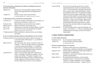 118 119
Lucas 6:32–35	 Si solo aman a la gente que los ama, no hacen
nada extraordinario. ¡Hasta los pecadores hacen
eso! 33
Y si solo tratan bien a la gente que los trata
bien, tampoco hacen nada extraordinario. ¡Hasta
los pecadores hacen eso! 34
Si ustedes les prestan
cosas solo a los que pueden darles algo, no hacen
nada que merezca premio. Los pecadores también
se prestan unos a otros, esperando recibir muchas
ganancias. 35
Amen a sus enemigos, hagan el bien
y presten sin esperar nada a cambio. Si lo hacen,
el Dios altísimo les dará un gran premio, y serán
Sus hijos. Dios es bueno hasta con la gente mala y
desagradecida.
Lucas 10:30,33	 Un hombre [judío] cayó en manos de ladrones, los
cuales […] lo hirieron […]. 33
Pero un samaritano [etnia
despreciada por los judíos], al verlo, fue movido a
misericordia.
9. Amor, perdón y misericordia
A. Amar implica perdonar:
Proverbios 10:12	 El amor perdona todas las faltas.
1 Pedro 4:8	 El amor perdona muchos pecados.
	 (V. también Efesios 4:32.)
B. Dios es misericordioso con nosotros:
Números 14:18	 El Señor es lento para la ira y abundante en
misericordia, y perdona la iniquidad y la transgresión.
Números 14:19	 Perdona ahora la iniquidad de este pueblo según la
grandeza de Tu misericordia.
Salmo 103:8	 Compasivo y clemente es el Señor, lento para la ira y
grande en misericordia.
Salmo 103:9–11	 No contenderá para siempre, ni para siempre
guardará el enojo. 10
No ha hecho con nosotros
conforme a nuestras maldades ni nos ha pagado
conforme a nuestros pecados, 11
porque, como la
B. A los hermanos y hermanas en el Señor los debemos amar con
particular intensidad:
Gálatas 6:10	 Siempre que nos sea posible, hagamos el bien a
todos, pero especialmente a los seguidores de
Cristo.
1 Pedro 2:17	 Honren a todos, amen a los hermanos.
	 (V. también Hebreos 13:1; 1 Pedro 4:8; 2 Juan 1; 3 Juan 1.)
C. Ejemplos de amor y admiración excepcionales:
1 Samuel 18:1	 El alma de Jonatán quedó ligada con la de David, y lo
amó como a sí mismo. (V. también 20:17.)
2 Samuel 1:26	 [David declaró su profundo amor por Jonatán.]
Marcos 10:17–21	 [Jesús, conmovido, amó al joven rico.]
Juan 11:3,5	 [Profundo amor de Jesús por María, Marta y Lázaro.]
Juan 13:23	 [Jesús tenía un amor muy especial por el apóstol
Juan.] (V. también Juan 19:26; 21:7,20.)
1 Tesalonicenses 5:13	Deben estimarlos y amarlos mucho, por el trabajo
que hacen.
D. Aun a nuestros enemigos debemos demostrarles el amor de Dios:
Proverbios 25:21,22	 Si tu enemigo tiene hambre, dale de comer pan, y
si tiene sed, dale a beber agua; 22
[…] y el Señor te
recompensará.
Mateo 5:43–45	 Han oído que se dijo: «Ama a tu prójimo y odia a tu
enemigo». 44
Pero Yo les digo: Amen a sus enemigos,
y oren por quienes los persiguen. 45
Así ustedes
serán hijos de su Padre que está en el cielo; pues
Él hace que Su sol salga sobre malos y buenos, y
manda la lluvia sobre justos e injustos.
Lucas 6:27–30	 Amen a sus enemigos, hagan bien a quienes los
odian, 28
bendigan a quienes los maldicen, oren por
quienes los insultan. 29
Si alguien te pega en una
mejilla, ofrécele también la otra; y si alguien te quita
la capa, déjale que se lleve también tu camisa. 30
[…]
Al que te quite lo que es tuyo, no se lo reclames.
amor y perdónamor y perdón
 