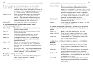 124 125
D. Perdonemos sinceramente; no alberguemos rencores ni odios:
Levítico 19:17,18	 No aborrecerás a tu hermano en tu corazón;
razonarás con tu prójimo, para que no participes de
su pecado. 18
No te vengarás, ni guardarás rencor
[…], sino amarás a tu prójimo como a ti mismo.
Efesios 4:31,32	 Alejen de ustedes la amargura, las pasiones, los
enojos, los gritos, los insultos y toda clase de
maldad. 32
Sean buenos y compasivos unos con
otros, y perdónense mutuamente, como Dios los
perdonó a ustedes en Cristo. (V. Hebreos 12:15.)
Santiago 5:9	 Hermanos, no se quejen unos contra otros.
E. Dios es misericordioso con nosotros si nosotros somos
misericordiosos y perdonadores:
Salmo 18:25	 [Refiriéndose al Señor:] Con el misericordioso te
mostrarás misericordioso.
Mateo 5:7	 Bienaventurados los misericordiosos, pues ellos
recibirán misericordia.
Mateo 6:12	 Perdónanos nuestras deudas, como también
nosotros perdonamos a nuestros deudores.
Mateo 6:14	 Si ustedes perdonan a otros el mal que les han
hecho, Dios, su Padre que está en el cielo, los
perdonará a ustedes.
Marcos 11:25	 Cuando oren, perdonen todo lo malo que otra
persona les haya hecho. Así, Dios, su Padre que
está en el cielo, les perdonará a ustedes todos sus
pecados.
Lucas 6:37	 No juzguen a otros, y Dios no los juzgará a ustedes.
No condenen a otros, y Dios no los condenará a
ustedes. Perdonen, y Dios los perdonará.
F. Ay del que no tenga misericordia:
Mateo 6:15	 Si ustedes no perdonan a los demás, tampoco su
Padre [Dios] los perdonará a ustedes.
(V. también Marcos 11:26.)
Mateo 18:34,35	 [El caso del funcionario al que se le condonó una
deuda enorme y luego se mostró inexorable con
alguien que le debía a él una cantidad mucho menor:]
«El rey se puso furioso y ordenó que castigaran a ese
empleado hasta que pagara todo lo que le debía».
35
Jesús terminó diciendo: «Lo mismo hará Mi Padre
que está en el cielo con cada uno de ustedes, si no
perdonan sinceramente a su hermano».
Santiago 2:13	 Dios no tendrá compasión de quienes no se
compadecieron de otros.
Mateo 7:1	 No se conviertan en jueces de los demás, y así Dios
no los juzgará a ustedes.
G. Los que se consideran muy buenos y piensan que no pecan y que
no tienen necesidad de perdón no tratan con amor ni perdonan a los
demás:
Lucas 7:47	 Aquel a quien se le perdona poco, poco ama.
Lucas 15:25–30	 [El fiel hermano mayor se enojó cuando el padre
perdonó al hijo pródigo que volvió arrepentido.]
Lucas 18:9	 Unos confiaban en sí mismos como justos, y [por
eso] menospreciaban a otros.
11. Debemos confesar nuestros pecados para recibir
perdón
Salmo 32:5	 Te confesé sin reservas mi pecado y mi maldad;
decidí confesarte mis pecados, y Tú, Señor, los
perdonaste.
Salmo 86:5	 Tú, Señor, eres bueno y perdonador, abundante en
misericordia para con todos los que te invocan.
Hechos 3:19	 Arrepiéntanse y conviértanse, para que sus pecados
sean borrados, a fin de que tiempos de alivio vengan
de la presencia del Señor.
1 Juan 1:9	 Si confesamos nuestros pecados, Él es fiel y justo
para perdonar nuestros pecados, y limpiarnos de
toda maldad.
amor y perdónamor y perdón
 