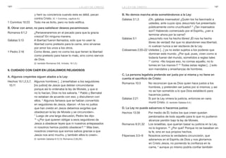 140 141
B. No demos marcha atrás sometiéndonos a la Ley:
Gálatas 3:1,3	 ¡Oh, gálatas insensatos! ¿Quién los ha fascinado a
ustedes, ante cuyos ojos Jesucristo fue presentado
públicamente como crucificado? 3
¿Tan insensatos
son? Habiendo comenzado por el Espíritu, ¿van a
terminar ahora por la carne?
Gálatas 5:1	 ¡Jesucristo nos ha hecho libres! ¡Él nos ha hecho
libres de verdad! Así que no abandonen esa libertad,
ni vuelvan nunca a ser esclavos de la Ley.
Colosenses 2:20–22	Ustedes […] ya no están sujetos a los poderes que
dominan este mundo. ¿Por qué, pues, viven como si
todavía fueran del mundo, sometidos a reglas tales
21
como: «No toques eso, no comas aquello, no lo
tomes en tus manos»? 22
Todas estas reglas […] solo
son mandatos y enseñanzas de hombres.
C. La persona legalista pretende ser justa por sí misma y no tiene en
cuenta el sacrificio de Cristo:
Romanos 10:3	 No reconocen que es Dios quien hace justos a los
hombres, y pretenden ser justos por sí mismos; y así
no se han sometido a lo que Dios estableció para
hacernos justos.
Gálatas 2:21	 Si por la Ley viniera la justicia, entonces en vano
murió Cristo. (V. también Gálatas 5:4.)
D. La Ley no puede salvarnos ni hacernos justos:
Hechos 13:39	 Por medio de Él, todos los que creen quedan
perdonados de todo aquello para lo que no pudieron
alcanzar perdón bajo la ley de Moisés.
Romanos 9:31,32	 Los israelitas, que querían basar su justicia en la Ley,
no lo lograron. 32
¿Por qué? Porque no se basaban en
la fe, sino en sus propios hechos.
Filipenses 3:3–9	 Nosotros somos la verdadera circuncisión, que
adoramos en el Espíritu de Dios y nos gloriamos
en Cristo Jesús, no poniendo la confianza en la
carne, 4
 aunque yo mismo podría confiar también
y herir su conciencia cuando esta es débil, pecan
contra Cristo. (V. 1 Corintios, capítulo 8.)
1 Corintios 10:23	 Todo me es lícito, pero no todo edifica.
B. Obrar con amor, no para satisfacer deseos pecaminosos:
Romanos 6:1,2	 ¿Perseveraremos en el pecado para que la gracia
crezca? En ninguna manera.
Gálatas 5:13	 A libertad fueron llamados; solo que no usen la
libertad como pretexto para la carne, sino sírvanse
por amor los unos a los otros.
1 Pedro 2:16	 Como libres, pero no como los que tienen la libertad
como pretexto para hacer lo malo, sino como siervos
de Dios.
	 (V. también Romanos 3:8; 14:todo; 15:1,2.)
9. Cuidado con caer en legalismos religiosos
A. Algunos creyentes siguen atados a la Ley:
Hechos 15:1,2,5,7,	 Algunos hombres […] enseñaban a los seguidores
10,11 	 [no judíos] de Jesús que debían circuncidarse
porque así lo ordenaba la ley de Moisés, y que si
no lo hacían, Dios no los salvaría. 2
Pablo y Bernabé
no estaban de acuerdo con eso, y discutieron con
ellos. 5
Algunos fariseos que se habían convertido
en seguidores de Jesús, dijeron: «A los no judíos
que han creído en Jesús debemos exigirles que
obedezcan la ley de Moisés y se circunciden».
7
 Luego de una larga discusión, Pedro les dijo:
10
 «¿Por qué quieren obligar a esos seguidores de
Jesús a obedecer leyes que ni nuestros antepasados
ni nosotros hemos podido obedecer? 11
Más bien,
nosotros creemos que somos salvos gracias a que
Jesús nos amó mucho, y también ellos lo creen».
	 (V. también Gálatas 6:12,13; Romanos 2:28,29.)
la ley de cristola ley de cristo
 
