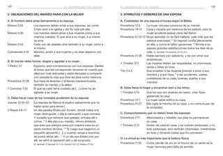 148 149
3. Atributos y deberes de una esposa
A. Cualidades de una esposa virtuosa según la Biblia:
Proverbios 12:4	 La mujer virtuosa corona es de su marido.
Proverbios 19:14	 Casa y riqueza son herencia de los padres, pero la
mujer prudente [sabia] viene del Señor.
Proverbios 31:10–12	Mujer ejemplar no es fácil hallarla; ¡vale más que las
piedras preciosas! 11
Su esposo confía plenamente
en ella, y nunca le faltan ganancias. 12
Brinda a su
esposo grandes satisfacciones todos los días de su
vida. (V. también Proverbios 31:13–31.)
Proverbios 31:26	 Habla siempre con sabiduría, y da con amor sus
enseñanzas.
1 Timoteo 3:11	 Las mujeres deben ser respetables, no chismosas,
serias y fieles en todo.
Tito 2:4,5	 Que enseñen a las mujeres jóvenes a amar a sus
maridos y a sus hijos, 5
a ser prudentes, castas,
cuidadosas de su casa, buenas, sujetas a sus
maridos.
B. Debe llevar el hogar y encaminar bien a los niños:
1 Timoteo 5:14	 Que las que son jóvenes se casen, críen hijos,
gobiernen la casa.
Proverbios 14:1	 La mujer sabia edifica su casa.
Proverbios 31:27	 Ella vigila la marcha de su casa, y no come el pan de
la ociosidad.
C. Comportamiento que no deben tener las esposas:
Proverbios 7:11	 Alborotadora y rebelde, sus pies no permanecen
en casa.
1 Timoteo 5:13	 Andan de casa en casa, y se vuelven perezosas; y no
solo perezosas, sino también chismosas, metiéndose
en todo y diciendo cosas que no convienen.
D. La virtud es más importante que la belleza física:
Proverbios 11:22	 Como zarcillo de oro en el hocico de un cerdo es la
mujer hermosa pero falta de sentido.
2. Obligaciones del marido para con la mujer
A. El hombre debe amar tiernamente a su esposa:
Efesios 5:25	 Los esposos deben amar a sus esposas, así como
Cristo amó a la iglesia y dio Su vida por ella.
Efesios 5:28	 Los maridos deben amar a sus mujeres como a sus
mismos cuerpos. El que ama a su mujer, a sí mismo
se ama.
Efesios 5:33	 Cada uno de ustedes ame también a su mujer como a
sí mismo,
Colosenses 3:19	 Maridos, amen a sus mujeres y no sean ásperos con
ellas.
B. El marido debe honrar, elogiar y agradar a su mujer:
1 Pedro 3:7	 Esposos, sean comprensivos con sus esposas. Denles
el honor que les corresponde, teniendo en cuenta que
ellas son más delicadas y están llamadas a compartir
con ustedes la vida que Dios les dará como herencia.
Proverbios 31:28	 Sus hijos se levantan y la llaman bienaventurada,
también su marido, y la alaba.
1 Corintios 7:33	 El que se casó tiene cuidado de […] cómo ha de
agradar a su mujer.
C. Debe hacer caso de los consejos prudentes de su esposa:
Jueces 13:19–23	 [La esposa de Manoa le explicó sabiamente que no
había razón para temer.]
2 Reyes 4:8–11	 Un día pasaba Eliseo por Sunem, donde había una
mujer distinguida, y ella lo persuadió a que comiera.
Y sucedía que siempre que pasaba, entraba allí a
comer. 9
Y ella dijo a su marido: «Ahora entiendo
que este que siempre pasa por nuestra casa es un
santo hombre de Dios. 10
Te ruego que hagamos un
pequeño aposento […]; y cuando venga a nosotros,
se podrá retirar allí». 11
Y un día que Eliseo vino por
allí, se retiró al aposento alto y allí se acostó.
	 (V. también 2 Samuel 14:1–15; Daniel 5:10–12; Mateo 27:19.)
el matrimonio y el hogarel matrimonio y el hogar
 