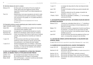6 7salvación
B. Sentirás deseos de servir a Jesús:
Efesios 2:10	 Es Dios quien nos ha hecho; Él nos ha creado en
Cristo Jesús para que hagamos buenas obras,
siguiendo el camino que Él nos había preparado de
antemano.
Tito 2:14	 [Jesús] quiso morir para rescatarnos de todo lo malo
y para purificarnos de nuestros pecados. Al hacerlo,
nos convirtió en Su pueblo, en un pueblo decidido a
hacer el bien.
	 (V. también Efesios 4:21–24; Colosenses 3:8-10; Tito 3:8;
Santiago 2:18.)
9. El pecado produce muerte espiritual; pero Jesús murió en nuestro
lugar, tomando nuestro castigo
Isaías 59:2	 Las maldades cometidas por ustedes han levantado
una barrera entre ustedes y Dios.
Romanos 6:23	 La paga [pena o sentencia] del pecado es muerte.
Romanos 5:8	 Siendo aún pecadores, Cristo murió por nosotros.
2 Corintios 5:21	 Cristo nunca pecó. Pero Dios lo trató como si hubiera
pecado, para declararnos inocentes por medio de
Cristo.
1 Juan 1:9	 Si reconocemos ante Dios que hemos pecado,
podemos confiar siempre en que Él, que es justo,
nos perdonará y nos limpiará de toda maldad.
1 Juan 2:1,2	 Tenemos Abogado para con el Padre, a Jesucristo
el Justo. 2
Él mismo es la propiciación por nuestros
pecados, y no solo por los nuestros, sino también
por los del mundo entero.
10. En la ley mosaica, la sangre es la paga del pecado;
Jesús, al morir, pagó la totalidad de ese precio
Levítico 17:11	 Es la sangre la que paga el rescate por la vida.
Hebreos 9:22	 Sin derramamiento de sangre no hay perdón.
Mateo 26:28	 Esto es Mi sangre […] que por muchos es derramada
para perdón de los pecados.
1 Juan 1:7	 La sangre de Jesucristo Su Hijo nos limpia de todo
pecado.
Juan 1:29	 He aquí el Cordero de Dios que quita el pecado del
mundo.
Efesios 1:7	 Tenemos redención por Su sangre, el perdón de
pecados. (V. también 1 Juan 2:12.)
1 Pedro 1:18,19	 Dios los ha rescatado a ustedes […] 19
con la sangre
preciosa de Cristo.
11. En nuestro estado natural, no somos hijos de Dios ni
estamos salvados
Efesios 2:3,12	 Éramos por naturaleza hijos de ira, […] 12
extraños a
los pactos de la promesa, sin tener esperanza y sin
Dios en el mundo.
Mateo 7:13	 Ancha es la puerta, y espacioso el camino que lleva a
la perdición, y muchos son los que entran por ella.
Juan 3:19	 La luz vino al mundo, y los hombres amaron más las
tinieblas que la luz.
Juan 8:47	 El que es de Dios escucha las palabras de Dios; por
eso […] no escuchan, porque no son de Dios.
12. Los que se creen justos rechazan la salvación que
ofrece Jesús
(V. Mateo 5:20; 9:10–13; 21:31; Lucas 18:9–14; Juan 5:39–44; Romanos 10:3; 1 Juan 1:9,10.)
13. Ejemplos de salvación en el Nuevo Testamento
Lucas 19:1–10	 [Conversión de un corrupto recaudador de
impuestos, Zaqueo.]
Hechos 9:1–22	 [Conversión del apóstol Pablo.] (V. también Hechos 6:8–14;
7:57–60; 8:1–4; 26:9–11.)
Hechos 10:1–8	 [Conversión de Cornelio, centurión romano.]
Hechos 13:1–12	 [Conversión de Sergio Paulo, procónsul de Chipre.]
Hechos 16:13–34	 [Conversión de Lidia la comerciante y de un carcelero
romano.]
salvación
 