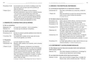 150 151
5. Armonía y paz dentro del matrimonio
A. La armonía es importante en un matrimonio cristiano:
Colosenses 2:2	 Que sean confortados sus corazones, unidos en
amor.
1 Pedro 4:8	 Sean fervientes en su amor los unos por los otros,
pues el amor cubre multitud de pecados.
	 (V. también Tito 2:5.)
B. Se deben evitar las discusiones:
Proverbios 17:9	 Quien pasa por alto la ofensa, crea lazos de amor.
Proverbios 17:14	 Deja [...] la contienda, antes que se enrede.
Proverbios 21:19	 Mejor es morar en tierra del desierto, que con la
mujer rencillosa e iracunda. (V. también Proverbios 25:24.)
Proverbios 27:15	 Gotera continua en tiempo de lluvia, y la mujer
rencillosa, son semejantes. (V. también Proverbios 19:13.)
Filipenses 2:3	 No hagan nada por orgullo o solo por pelear. Al
contrario, hagan todo con humildad y vean a los
demás como mejores a ustedes mismos.
Colosenses 3:13	 Sean tolerantes los unos con los otros, y si alguien
tiene alguna queja contra otro, perdónense, así
como el Señor los ha perdonado a ustedes. (V. también
1 Pedro 3:9.)
Proverbios 14:1	 La mujer sabia edifica su casa: mas la necia con sus
manos la derriba. (V. también Proverbios 24:3.)
6. El matrimonio y las relaciones sexuales
A. Dios dispuso que las relaciones sexuales dentro del matrimonio
fueran puras y santas:
Hebreos 13:4	 Que todos respeten el matrimonio y mantengan la
pureza de sus relaciones matrimoniales.
B. Las relaciones sexuales sirven para la procreación:
Génesis 1:27,28	 Dios creó al hombre a imagen Suya, a imagen de
Dios lo creó; varón y hembra los creó. 28
Dios los
Proverbios 31:30	 Los encantos son una mentira, la belleza no es más
que ilusión, pero la mujer que honra al Señor es
digna de alabanza.
1 Pedro 3:3–5	 Que el adorno de ustedes no sea el externo:
peinados ostentosos, joyas de oro o vestidos lujosos,
4
sino que sea lo que procede de lo íntimo del
corazón, con el adorno incorruptible de un espíritu
tierno y sereno, lo cual es precioso delante de Dios.
5
 Porque así también se adornaban en otro tiempo
las santas mujeres que esperaban en Dios.
4. Deberes de la esposa para con su marido
A. Ser su compañera:
Malaquías 2:14	 La mujer de tu juventud […] es tu compañera.
Génesis 3:12	 La mujer que me diste por compañera…
B. Amarlo y agradarlo:
Proverbios 31:12	 Brinda a su esposo grandes satisfacciones todos los
días de su vida.
1 Corintios 7:34	 La casada tiene cuidado de las cosas del mundo,
cómo ha de agradar a su marido.
C. Respetarlo:
Efesios 5:33	 La mujer respete a su marido.
Colosenses 3:18	 Mujeres, estén sujetas a sus maridos, como conviene
en el Señor.
1 Pedro 3:1,2,6	 Ustedes, las esposas, sométanse a sus esposos,
para que, si algunos de ellos no creen en el mensaje,
puedan ser convencidos, sin necesidad de palabras,
por el comportamiento de ustedes, 2
al ver ellos su
conducta pura y reverente para con Dios. 6
Así fue
Sara, que obedeció a Abraham y lo llamó «mi señor».
Y ustedes son hijas de ella, si hacen el bien y no
tienen miedo de nada.
	 (V. también 1 Corintios 11:3,8,9; Efesios 5:22; Tito 2:5; 1 Pedro 3:1.)
el matrimonio y el hogarel matrimonio y el hogar
 