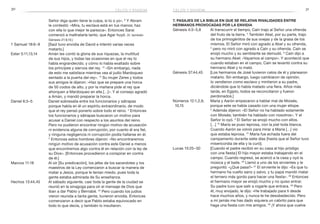 30 31
7. Pasajes de la Biblia en que se relatan rivalidades entre
hermanos provocadas por la envidia
Génesis 4:3–5,8	 Al transcurrir el tiempo, Caín trajo al Señor una ofrenda
del fruto de la tierra. 4
También Abel, por su parte, trajo
de los primogénitos de sus ovejas y de la grasa de los
mismos. El Señor miró con agrado a Abel y su ofrenda,
5
pero no miró con agrado a Caín y su ofrenda. Caín se
enojó mucho y su semblante se demudó. 8
Caín dijo a
su hermano Abel: «Vayamos al campo». Y aconteció que
cuando estaban en el campo, Caín se levantó contra su
hermano Abel y lo mató.
Génesis 37:44,45	 [Los hermanos de José tuvieron celos de él y planearon
matarlo. Sin embargo, luego cambiaron de opinión,
lo vendieron como esclavo y mintieron a su padre,
diciéndole que lo había matado una fiera. Años más
tarde, en Egipto, todos se reconciliaron y fueron
perdonados.]
Números 12:1,2,9,	 María y Aarón empezaron a hablar mal de Moisés,
10,15 	 porque este se había casado con una mujer etíope.
2
 Además dijeron: «El Señor no ha hablado solamente
con Moisés; también ha hablado con nosotros». Y el
Señor lo oyó. 9
El Señor se enojó mucho con ellos.
[…] 10
 María se puso leprosa, con la piel toda blanca.
Cuando Aarón se volvió para mirar a María […] vio
que estaba leprosa. 15
María fue echada fuera del
campamento durante siete días [hasta que el Señor tuvo
misericordia de ella y la curó].
Lucas 15:25–30	 [Cuando el padre recibió en su casa al hijo pródigo
con una fiesta:] El hijo mayor estaba trabajando en el
campo. Cuando regresó, se acercó a la casa y oyó la
música y el baile. 26
Llamó a uno de los sirvientes y le
preguntó: «¿Qué pasa?» 27
El sirviente le dijo: «Es que tu
hermano ha vuelto sano y salvo, y tu papá mandó matar
el ternero más gordo para hacer una fiesta». 28
Entonces
el hermano mayor se enojó mucho y no quiso entrar.
Su padre tuvo que salir a rogarle que entrara. 29
Pero
él, muy enojado, le dijo: «He trabajado para ti desde
hace muchos años, y nunca te he desobedecido. Pero
a mí jamás me has dado siquiera un cabrito para que
haga una fiesta con mis amigos. 30
¡Y ahora que vuelve
Señor diga quién tiene la culpa, si tú o yo». 6
Y Abram
le contestó: «Mira, tu esclava está en tus manos; haz
con ella lo que mejor te parezca». Entonces Sarai
comenzó a maltratarla tanto, que Agar huyó. (V. también
Génesis 21:9,10.)
1 Samuel 18:6–9	 [Saúl tuvo envidia de David e intentó varias veces
matarlo.]
Ester 5:11,13,14	 Amán les contó la gloria de sus riquezas, la multitud
de sus hijos, y todas las ocasiones en que el rey lo
había engrandecido, y cómo lo había exaltado sobre
los príncipes y siervos del rey. 13
«Sin embargo, nada
de esto me satisface mientras vea al judío Mardoqueo
sentado a la puerta del rey». 14
Su mujer Zeres y todos
sus amigos le dijeron: «Haz que se prepare una horca
de 50 codos de alto, y por la mañana pide al rey que
ahorquen a Mardoqueo en ella […]». Y el consejo agradó
a Amán, y mandó preparar la horca.
Daniel 6:3–5	 Daniel sobresalía entre los funcionarios y sátrapas
porque había en él un espíritu extraordinario, de modo
que el rey pensó ponerlo sobre todo el reino. 4
Entonces
los funcionarios y sátrapas buscaron un motivo para
acusar a Daniel con respecto a los asuntos del reino.
Pero no pudieron encontrar ningún motivo de acusación
ni evidencia alguna de corrupción, por cuanto él era fiel,
y ninguna negligencia ni corrupción podía hallarse en él.
5
Entonces estos hombres dijeron: «No encontraremos
ningún motivo de acusación contra este Daniel a menos
que encontremos algo contra él en relación con la ley de
su Dios». [Entonces procedieron a conspirar en contra
de él.]
Marcos 11:18	 Al oír [Su predicación], los jefes de los sacerdotes y los
maestros de la Ley comenzaron a buscar la manera de
matar a Jesús, porque le tenían miedo, pues toda la
gente estaba admirada de Su enseñanza.
Hechos 13:44,45	 Al sábado siguiente, casi toda la gente de la ciudad se
reunió en la sinagoga para oír el mensaje de Dios que
iban a dar Pablo y Bernabé. 45
Pero cuando los judíos
vieron reunida a tanta gente, tuvieron envidia. Entonces
comenzaron a decir que Pablo estaba equivocado en
todo lo que decía, y también lo insultaron.
celos y envidia celos y envidia
 