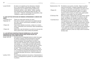 58 59
Deuteronomio 1:16	 Di órdenes a sus jueces y les dije: «Oigan los pleitos
entre sus hermanos, y juzguen justamente entre un
hombre y su hermano, o el extranjero que está con él».
1 Reyes 3:9	 [Oración de Salomón:] Concede, pues, a Tu siervo
un corazón que entienda para juzgar a Tu pueblo y
discernir entre lo bueno y lo malo, pues ¿quién podrá
gobernar a este pueblo Tuyo tan grande?
2 Crónicas 19:6	 Dijo a los jueces: «Fíjense bien en lo que hacen, porque
no van a juzgar en nombre de los hombres, sino del
Señor, que estará con ustedes cuando den el fallo».
1 Corintios 6:2,3	 [Siendo que en la otra vida juzgaremos a los ángeles,
¿no deberíamos ser ya capaces de hacer, con mucha
oración, evaluaciones y críticas constructivas?] ¿Acaso
no saben ustedes que el pueblo santo ha de juzgar al
mundo? Y si ustedes han de juzgar al mundo, ¿cómo
no son capaces de juzgar estos asuntos tan pequeños?
3
¿No saben que incluso a los ángeles habremos de
juzgarlos nosotros? ¡Pues con mayor razón los asuntos
de esta vida!
Lucas 9:54,55	 [A Jesús no le agradó que Sus discípulos, llevados
por un celo excesivo, propusieran castigar a unos
samaritanos que no habían querido recibirlo:] Sus
discípulos Jacobo y Juan, dijeron: «Señor, ¿quieres
que mandemos que descienda fuego del cielo y los
consuma?» 55
Pero Él, volviéndose, los reprendió, y dijo:
«Ustedes no saben de qué espíritu son».
12. Una actitud criticona se remedia aprendiendo a obrar con
amor
1 Corintios 16:14	 Todas sus cosas sean hechas con amor.
Filipenses 1:9	 Esto pido en oración: que el amor de ustedes abunde
aún más y más en conocimiento verdadero y en todo
discernimiento.
1 Pedro 3:8	 Vivan todos ustedes en armonía, unidos en un mismo
sentir y amándose como hermanos. Sean bondadosos y
humildes.
1 Pedro 4:8	 Sobre todo, sean fervientes en su amor los unos por los
otros, pues el amor cubre multitud de pecados.
13. Las críticas constructivas se asemejan a los juicios
prudentes en que pueden servir para hacer valer los
principios de la Palabra de Dios
Éxodo 18:21,22	 [Los jueces de la antigüedad tenían la misión de juzgar
en justicia y evaluar constructivamente los asuntos
que se les presentaban.] Escoge entre el pueblo
hombres capaces, que tengan temor de Dios y que
sean sinceros, hombres que no busquen ganancias
mal habidas, y a unos dales autoridad sobre grupos
de mil personas, a otros sobre grupos de cien, a otros
sobre grupos de cincuenta y a otros sobre grupos
de diez. 22
Ellos dictarán sentencia entre el pueblo en
todo momento; los problemas grandes te los traerán a
ti, y los problemas pequeños los atenderán ellos. Así
te quitarás ese peso de encima, y ellos te ayudarán a
llevarlo.
Levítico 19:15	 No cometerás injusticia en los juicios, ni favoreciendo al
pobre ni complaciendo al grande: con justicia juzgarás a
tu prójimo.
crítica crítica
 