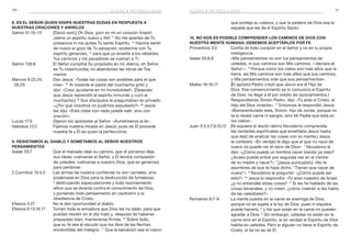 70 71
que proteja su cabeza, y que la palabra de Dios sea la
espada que les da el Espíritu Santo.
10. No nos es posible comprender los caminos de Dios con
nuestra mente humana; debemos aceptarlos por fe
Proverbios 3:5	 Confía de todo corazón en el Señor y no en tu propia
inteligencia.
Isaías 55:8,9	 «Mis pensamientos no son los pensamientos de
ustedes, ni sus caminos son Mis caminos —declara el
Señor—. 9
Porque como los cielos son más altos que la
tierra, así Mis caminos son más altos que sus caminos,
y Mis pensamientos más que sus pensamientos».
Mateo 16:16,17	 [El apóstol Pedro creyó que Jesús era el Hijo de
Dios. Ese convencimiento se lo comunicó el Espíritu
de Dios; no llegó a él por medio de razonamientos.]
Respondiendo Simón Pedro, dijo: «Tú eres el Cristo, el
Hijo del Dios viviente». 17
Entonces le respondió Jesús:
«Bienaventurado eres, Simón, hijo de Jonás, porque no
te lo reveló carne ni sangre, sino Mi Padre que está en
los cielos».
Juan 3:3,4,7,9,10,12	 [Ni siquiera el docto rabino Nicodemo comprendía
las verdades espirituales que enseñaba Jesús hasta
que dejó de analizar las cosas con su mente.] Jesús
le contestó: «En verdad te digo que el que no nace de
nuevo no puede ver el reino de Dios». 4
Nicodemo le
dijo: «¿Cómo puede un hombre nacer siendo ya viejo?
¿Acaso puede entrar por segunda vez en el vientre
de su madre y nacer?» 7
[Jesús puntualizó:] «No te
asombres de que te haya dicho: “Tienen que nacer de
nuevo”». 9
Nicodemo le preguntó: «¿Cómo puede ser
esto?» 10
 Jesús le respondió: «Tú eres maestro de Israel,
¿y no entiendes estas cosas? 12
Si les he hablado de las
cosas terrenales, y no creen, ¿cómo creerán si les hablo
de las celestiales?»
Romanos 8:7–9	 La mente puesta en la carne es enemiga de Dios,
porque no se sujeta a la ley de Dios, pues ni siquiera
puede hacerlo, 8
y los que están en la carne no pueden
agradar a Dios. 9
Sin embargo, ustedes no están en la
carne sino en el Espíritu, si en verdad el Espíritu de Dios
habita en ustedes. Pero si alguien no tiene el Espíritu de
Cristo, el tal no es de Él.
8. Es el Señor quien disipa nuestras dudas en respuesta a
nuestras oraciones y anhelos
Salmo 51:10–13	 [David rezó:] Oh Dios, ¡pon en mí un corazón limpio!,
¡dame un espíritu nuevo y fiel! 11
No me apartes de Tu
presencia ni me quites Tu santo Espíritu. 12
Hazme sentir
de nuevo el gozo de Tu salvación; sostenme con Tu
espíritu generoso, 13
para que yo enseñe a los rebeldes
Tus caminos y los pecadores se vuelvan a Ti.
Salmo 138:8	 El Señor cumplirá Su propósito en mí; eterna, oh Señor,
es Tu misericordia; no abandones las obras de Tus
manos.
Marcos 9:23,24,	 Dijo Jesús: «Todas las cosas son posibles para el que
28,29 	 cree». 24
Al instante el padre del muchacho gritó y
dijo: «Creo; ayúdame en mi incredulidad». [Después
que Jesús reprendió al espíritu inmundo y curó al
muchacho:] 28
Sus discípulos le preguntaban en privado:
«¿Por qué nosotros no pudimos expulsarlo?» 29
Jesús
les dijo: «Esta clase con nada puede salir, sino con
oración».
Lucas 17:5	 Dijeron los apóstoles al Señor: «Auméntanos la fe».
Hebreos 12:2	 Fijemos nuestra mirada en Jesús, pues de Él procede
nuestra fe y Él es quien la perfecciona.
9. Resistamos al Diablo y sometamos al Señor nuestros
pensamientos
Isaías 55:7	 Que el malvado deje su camino, que el perverso deje
sus ideas; vuélvanse al Señor, y Él tendrá compasión
de ustedes; vuélvanse a nuestro Dios, que es generoso
para perdonar.
2 Corintios 10:4,5	 Las armas de nuestra contienda no son carnales, sino
poderosas en Dios para la destrucción de fortalezas;
5
destruyendo especulaciones y todo razonamiento
altivo que se levanta contra el conocimiento de Dios,
y poniendo todo pensamiento en cautiverio a la
obediencia de Cristo.
Efesios 4:27	 No le den oportunidad al diablo.
Efesios 6:13,16,17	 Tomen toda la armadura que Dios les ha dado, para que
puedan resistir en el día malo y, después de haberse
preparado bien, mantenerse firmes. 16
Sobre todo,
que su fe sea el escudo que los libre de las flechas
encendidas del maligno. 17
Que la salvación sea el casco
dudas e incredulidad dudas e incredulidad
 