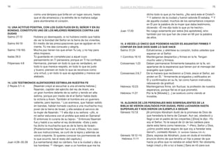 74 75
dicho todo lo que yo he hecho. ¿No será este el Cristo?»
30
Y salieron de la ciudad y fueron adonde Él estaba. 39
Y
de aquella ciudad, muchos de los samaritanos creyeron
en Él por la palabra de la mujer que daba testimonio,
diciendo: «Él me dijo todo lo que yo he hecho».
Juan 17:20	 No ruego solamente por estos [los apóstoles], sino
también por los que han de creer en Mí por la palabra
de ellos.
15. A veces lo único que podemos hacer es aguantar firmes y
confiar en que Dios sabe lo que hace
Salmo 31:24	 Esfuércense, y aliéntese su corazón, todos ustedes que
esperan en el Señor.
1 Corintios 16:13	 Manténganse despiertos y firmes en la fe. Tengan
mucho valor y firmeza.
Colosenses 1:23	 Deben permanecer firmemente basados en la fe, sin
apartarse de la esperanza que tienen por el mensaje del
evangelio que oyeron.
Colosenses 2:6,7	 De la manera que recibieron a Cristo Jesús el Señor, así
anden en Él; 7
firmemente arraigados y edificados en
Él y confirmados en su fe, tal como fueron instruidos,
rebosando de gratitud.
Hebreos 10:23	 Mantengamos firme, sin fluctuar, la profesión de nuestra
esperanza, porque fiel es el que prometió.
Hebreos 11:27	 Por la fe [Moisés] […] se sostuvo como viendo al
Invisible.
16. Algunos de los personajes más sobresalientes de la
Biblia se vieron asaltados por dudas, pero lucharon hasta
superarlas y nos dieron un ejemplo a seguir
Génesis 15:7,8	 [Al principio Abraham dudó de la promesa de Dios de
que heredaría la tierra de Canaán. Aun así, obedeció y
llegó a ser el padre de los creyentes.] [Dios] le dijo: «Yo
soy el Señor; Yo te saqué de Ur de los caldeos para
darte esta tierra como herencia». 8
«Pero, Señor y Dios,
¿cómo podré estar seguro de que voy a heredar esta
tierra?», contestó Abram. (V. también Gálatas 3:6–9.)
Génesis 18:12–14; 	 [Sara, esposa de Abraham, puso en duda el increíble
Hebreos 11:11 	 anuncio divino de que tendría un hijo a pesar de que
hacía ya años que no estaba en edad fértil. No obstante,
luego creyó y dio a luz a Isaac.] Sara se rió para sus
como una lámpara que brilla en un lugar oscuro, hasta
que el día amanezca y la estrella de la mañana salga
para alumbrarles el corazón.
13. Una actitud positiva, con los ojos fijos en el Señor y en Su
bondad, constituye uno de los mejores remedios contra las
dudas
Salmo 27:13	 Hubiera yo desmayado, si no hubiera creído que había
de ver la bondad del Señor en la tierra de los vivientes.
Salmo 94:19	 En medio de las preocupaciones que se agolpan en mi
mente, Tú me das consuelo y alegría.
Salmo 119:165	 Mucha paz tienen los que aman Tu Ley, y no hay para
ellos tropiezo.
Isaías 26:3	 Tú guardarás en completa paz a aquel cuyo
pensamiento en Ti persevera; porque en Ti ha confiado.
Filipenses 4:8	 Hermanos, piensen en todo lo que es verdadero, en
todo lo que merece respeto, en todo lo que es justo
y bueno; piensen en todo lo que se reconoce como
una virtud, y en todo lo que es agradable y merece ser
alabado.
14. Los testimonios alentadores estimulan nuestra fe
2 Reyes 5:1–4	 [Naamán creyó al escuchar a una sirvienta hebrea.]
Naamán, capitán del ejército del rey de Aram, era
un gran hombre delante de su señor y tenido en alta
estima, porque por medio de él el Señor había dado
la victoria a Aram. También el hombre era un guerrero
valiente, pero leproso. 2
Los arameos, que habían salido
en bandas, habían tomado cautiva a una muchacha muy
joven de la tierra de Israel, y ella estaba al servicio de
la mujer de Naamán. 3
Y ella dijo a su señora: «¡Ah, si
mi señor estuviera con el profeta que está en Samaria!
Él entonces lo curaría de su lepra». 4
Entonces Naamán
fue y habló a su señor el rey diciéndole: «Esto y esto
ha dicho la muchacha que es de la tierra de Israel».
[Posteriormente Naamán fue a ver a Eliseo, hizo caso
de sus instrucciones, se curó de la lepra y además se
volvió creyente. Si quieres conocer los pormenores de
lo que ocurrió, lee el resto del capítulo.]
Juan 4:28–30,39	 [La samaritana] dejó su cántaro, fue a la ciudad y dijo a
los hombres: 29
«Vengan, vean a un hombre que me ha
dudas e incredulidad dudas e incredulidad
 