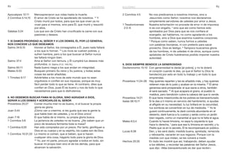 82 83
2 Corintios 4:5	 No nos predicamos a nosotros mismos, sino a
Jesucristo como Señor; nosotros nos declaramos
simplemente servidores de ustedes por amor a Jesús.
1 Tesalonicenses	 Nuestra exhortación no procede de error ni de impureza
2:3–6	 ni es con engaño, 4
sino que así como hemos sido
aprobados por Dios para que se nos confiara el
evangelio, así hablamos, no como agradando a los
hombres, sino a Dios que examina nuestros corazones.
5
Porque como saben, nunca fuimos a ustedes
con palabras lisonjeras, ni con pretexto para sacar
provecho. Dios es testigo. 6
Tampoco buscamos gloria
de los hombres, ni de ustedes ni de otros, aunque como
apóstoles de Cristo hubiéramos podido imponer nuestra
autoridad.
9. Dios siempre bendice la generosidad
Deuteronomio 15:10	 Con generosidad le darás [al pobre], y no te dolerá
el corazón cuando le des, ya que el Señor tu Dios te
bendecirá por esto en todo tu trabajo y en todo lo que
emprendas.
Proverbios 11:24–26	 Hay quienes reparten y les es añadido más, y hay quienes
retienen más de lo justo y acaban en la miseria. 25
El alma
generosa será prosperada: el que sacie a otros, también
él será saciado. 26
Al que acapara el grano, el pueblo lo
maldice, pero bendición cubre la cabeza del que lo vende.
Proverbios 14:21	 El que tiene misericordia de los pobres es bienaventurado.
Isaías 58:10,11	 Si te das a ti mismo en servicio del hambriento, si ayudas
al afligido en su necesidad, tu luz brillará en la oscuridad,
tus sombras se convertirán en luz de mediodía. 11
Yo te
guiaré continuamente, te daré comida abundante en el
desierto, daré fuerza a tu cuerpo y serás como un jardín
bien regado, como un manantial al que no le falta el agua.
Mateo 6:3,4	 Cuando tú haces limosna, no sepa tu izquierda lo que
hace tu derecha, 4
para que sea tu limosna en secreto; y tu
Padre que ve en lo secreto, Él te recompensará en público.
Lucas 6:38	 Den, y les será dado; medida buena, apretada, remecida
y rebosante, vaciarán en sus regazos. Porque con la
medida con que midan, se les volverá a medir.
Hechos 20:35	 En todo les mostré que así, trabajando, deben ayudar
a los débiles, y recordar las palabras del Señor Jesús,
que dijo: «Más bienaventurado es dar que recibir».
Apocalipsis 12:11	 Menospreciaron sus vidas hasta la muerte.
2 Corintios 5:14,15	 El amor de Cristo se ha apoderado de nosotros. 15
Y
Cristo murió por todos, para que los que viven ya no
vivan para sí mismos, sino para Él, que murió y resucitó
por ellos.
Gálatas 5:24	 Los que son de Cristo han crucificado la carne con sus
pasiones y deseos.
7. Si damos prioridad al Señor y a los demás, Él por lo general
nos concede lo que deseamos
Salmo 34:9,10	 Honren al Señor, los consagrados a Él, pues nada faltará
a los que lo honran. 10
Los ricos se vuelven pobres, y
sufren hambre, pero a los que buscan al Señor nunca
les faltará ningún bien.
Salmo 37:4	 Ama al Señor con ternura, y Él cumplirá tus deseos más
profundos. (V. Salmo 21:2; 145:19.)
Salmo 84:11	 Nada bueno niega a los que andan en integridad.
Mateo 6:33	 Busquen primero Su reino y Su justicia, y todas estas
cosas les serán añadidas.
1 Timoteo 6:17	 Adviérteles a los ricos de este mundo que no sean
orgullosos ni confíen en sus riquezas, porque es muy
fácil perder todo lo que se tiene. Al contrario, diles que
confíen en Dios, pues Él es bueno y nos da todo lo que
necesitamos para que lo disfrutemos.
8. No debemos buscar fama ni gloria, sino agradar a Dios,
servir a los demás y acercarlos al Señor
Proverbios 25:27	 Comer mucha miel no es bueno, ni el buscar la propia
gloria es gloria.
Juan 5:44	 ¡Cómo van a creerme, si les gusta que sea la gente la
que hable bien de ustedes, y no el Dios único!
Juan 7:18	 El que habla de sí mismo, su propia gloria busca.
1 Corintios 5:6	 La jactancia de ustedes no es buena. ¿No saben que un
poco de levadura fermenta toda la masa?
1 Corintios 6:20	 Han sido comprados por un precio. Por tanto, glorifiquen a
Dios en su cuerpo y en su espíritu, los cuales son de Dios.
1 Corintios 10:31,33	 Lo mismo si comen, que si beben, que si hacen
cualquier otra cosa, háganlo todo para la gloria de Dios.
33
Yo, por mi parte, procuro agradar a todos en todo, sin
buscar mi propio bien sino el de los demás, para que
alcancen la salvación.
egoísmo egoísmo
 