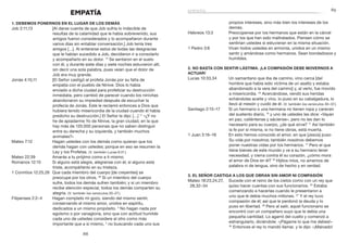 89
88
propios intereses, sino más bien los intereses de los
demás.
Hebreos 13:3	 Preocúpense por los hermanos que están en la cárcel
y por los que han sido maltratados. Piensen cómo se
sentirían ustedes si estuvieran en la misma situación.
1 Pedro 3:8	 Vivan todos ustedes en armonía, unidos en un mismo
sentir y amándose como hermanos. Sean bondadosos y
humildes.
2. No basta con sentir lástima. ¡La compasión debe movernos a
actuar!
Lucas 10:33,34	 Un samaritano que iba de camino, vino cerca [del
hombre que había sido víctima de un asalto y estaba
abandonado a la vera del camino] y, al verlo, fue movido
a misericordia. 34
Acercándose, vendó sus heridas
echándoles aceite y vino, lo puso en su cabalgadura, lo
llevó al mesón y cuidó de él. (V. también los versículos 30–37.)
Santiago 2:15–17	 Si un hermano o una hermana no tienen ropa y carecen
del sustento diario, 16
y uno de ustedes les dice: «Vayan
en paz, caliéntense y sáciense», pero no les dan lo
necesario para su cuerpo, ¿de qué sirve? 17
Así también
la fe por sí misma, si no tiene obras, está muerta.
1 Juan 3:16–18	 En esto hemos conocido el amor, en que [Jesús] puso
Su vida por nosotros; también nosotros debemos
poner nuestras vidas por los hermanos. 17
Pero el que
tiene bienes de este mundo y ve a su hermano tener
necesidad, y cierra contra él su corazón, ¿cómo mora
el amor de Dios en él? 18
Hijitos míos, no amemos de
palabra ni de lengua, sino de hecho y en verdad.
3. El Señor castiga a los que obran sin amor ni compasión
Mateo 18:23,24,27,	 Sucede con el reino de los cielos como con un rey que
28,32–34 	 quiso hacer cuentas con sus funcionarios. 24
Estaba
comenzando a hacerlas cuando le presentaron a
uno que le debía muchos millones. 27
Y el rey tuvo
compasión de él; así que le perdonó la deuda y lo
puso en libertad. 28
Pero al salir, aquel funcionario se
encontró con un compañero suyo que le debía una
pequeña cantidad. Lo agarró del cuello y comenzó a
estrangularlo, diciéndole: «¡Págame lo que me debes!»
32
Entonces el rey lo mandó llamar, y le dijo: «¡Malvado!
EMPATÍA
1. Debemos ponernos en el lugar de los demás
Job 2:11,13	 [Al darse cuenta de que Job sufría lo indecible de
resultas de la calamidad que le había sobrevenido, sus
amigos fueron considerados y lo acompañaron durante
varios días sin entablar conversación.] Job tenía tres
amigos […]. Al enterarse estos de todas las desgracias
que le habían sucedido a Job, decidieron ir a consolarlo
y acompañarlo en su dolor. 13
Se sentaron en el suelo
con él, y durante siete días y siete noches estuvieron allí,
sin decir una sola palabra, pues veían que el dolor de
Job era muy grande.
Jonás 4:10,11	 [El Señor castigó al profeta Jonás por su falta de
empatía con el pueblo de Nínive. Dios lo había
enviado a dicha ciudad para profetizar su destrucción
inmediata, pero cambió de parecer cuando los ninivitas
abandonaron su impiedad después de escuchar la
profecía de Jonás. Este le reclamó entonces a Dios que
hubiera tenido misericordia de la ciudad cuando él había
predicho su destrucción.] El Señor le dijo: […] 11
«¿Y no
he de apiadarme Yo de Nínive, la gran ciudad, en la que
hay más de 120.000 personas que no saben distinguir
entre su derecha y su izquierda, y también muchos
animales?»
Mateo 7:12	 Hagan ustedes con los demás como quieran que los
demás hagan con ustedes; porque en eso se resumen la
Ley y los Profetas. (V. también Lucas 6:31.)
Mateo 22:39	 Amarás a tu prójimo como a ti mismo.
Romanos 12:15	 Si alguno está alegre, alégrense con él; si alguno está
triste, acompáñenlo en su tristeza.
1 Corintios 12:25,26	 Que cada miembro del cuerpo [de creyentes] se
preocupe por los otros. 26
Si un miembro del cuerpo
sufre, todos los demás sufren también; y si un miembro
recibe atención especial, todos los demás comparten su
alegría. (V. también los versículos 20–27.)
Filipenses 2:2–4	 Hagan completo mi gozo, siendo del mismo sentir,
conservando el mismo amor, unidos en espíritu,
dedicados a un mismo propósito. 3
No hagan nada por
egoísmo o por vanagloria, sino que con actitud humilde
cada uno de ustedes considere al otro como más
importante que a sí mismo, 4
no buscando cada uno sus
empatía
 