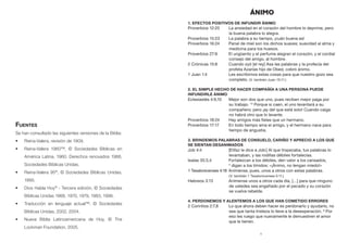 1
ÁNIMO
1. Efectos positivos de infundir ánimo
Proverbios 12:25	 La ansiedad en el corazón del hombre lo deprime, pero
la buena palabra lo alegra.
Proverbios 15:23	 La palabra a su tiempo, ¡cuán buena es!
Proverbios 16:24	 Panal de miel son los dichos suaves; suavidad al alma y
medicina para los huesos.
Proverbios 27:9	 El ungüento y el perfume alegran el corazón, y el cordial
consejo del amigo, al hombre.
2 Crónicas 15:8	 Cuando oyó [el rey] Asa las palabras y la profecía del
profeta Azarías hijo de Obed, cobró ánimo.
1 Juan 1:4	 Les escribimos estas cosas para que nuestro gozo sea
completo. (V. también Juan 15:11.)
2. El simple hecho de hacer compañía a una persona puede
infundirle ánimo
Eclesiastés 4:9,10	 Mejor son dos que uno, pues reciben mejor paga por
su trabajo. 10
Porque si caen, el uno levantará a su
compañero; pero ¡ay del que está solo! Cuando caiga
no habrá otro que lo levante.
Proverbios 18:24	 Hay amigos más fieles que un hermano.
Proverbios 17:17	 En todo tiempo ama el amigo, y el hermano nace para
tiempo de angustia.
3. Brindemos palabras de consuelo, cariño y aprecio a los que
se sientan desanimados
Job 4:4	 [Elifaz le dice a Job:] Al que tropezaba, tus palabras lo
levantaban, y las rodillas débiles fortalecías.
Isaías 35:3,4	 Fortalezcan a los débiles, den valor a los cansados,
4
 digan a los tímidos: «¡Ánimo, no tengan miedo!»
1 Tesalonicenses 4:18	 Anímense, pues, unos a otros con estas palabras.
(V. también 1 Tesalonicenses 5:11.)
Hebreos 3:13	 Anímense unos a otros cada día, […] para que ninguno
de ustedes sea engañado por el pecado y su corazón
se vuelva rebelde.
4. Perdonemos y alentemos a los que han cometido errores
2 Corintios 2:7,8	 Lo que ahora deben hacer es perdonarlo y ayudarlo, no
sea que tanta tristeza lo lleve a la desesperación. 8
Por
eso les ruego que nuevamente le demuestren el amor
que le tienen.
Fuentes
Se han consultado las siguientes versiones de la Biblia:
•	 Reina-Valera, revisión de 1909.
•	 Reina-Valera 1960™, © Sociedades Bíblicas en
América Latina, 1960. Derechos renovados 1988,
Sociedades Bíblicas Unidas.
•	 Reina-Valera 95®
, © Sociedades Bíblicas Unidas,
1995.
•	 Dios Habla Hoy®
- Tercera edición, © Sociedades
Bíblicas Unidas 1966, 1970, 1979, 1983, 1996.
•	 Traducción en lenguaje actual™, © Sociedades
Bíblicas Unidas, 2002, 2004.
•	 Nueva Biblia Latinoamericana de Hoy, © The
Lockman Foundation, 2005.
 