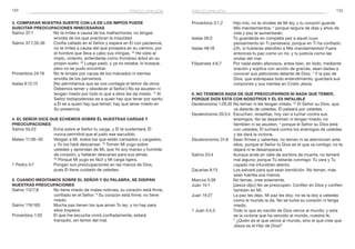 132 133
Proverbios 3:1,2	 Hijo mío, no te olvides de Mi ley, y tu corazón guarde
Mis mandamientos; 2
porque largura de días y años de
vida y paz te aumentarán.
Isaías 26:3	 Tú guardarás en completa paz a aquel cuyo
pensamiento en Ti persevera, porque en Ti ha confiado.
Isaías 48:18	 ¡Oh, si hubieras atendido a Mis mandamientos! Fuera
entonces tu paz como un río, y tu justicia como las
ondas del mar.
Filipenses 4:6,7	 Por nada estén afanosos; antes bien, en todo, mediante
oración y súplica con acción de gracias, sean dadas a
conocer sus peticiones delante de Dios. 7
Y la paz de
Dios, que sobrepasa todo entendimiento, guardará sus
corazones y sus mentes en Cristo Jesús.
6. No tenemos nada de que preocuparnos ni nada que temer,
porque Dios está con nosotros y Él es infalible
Deuteronomio 1:29,30	No teman ni les tengan miedo. 30
El Señor su Dios, que
va delante de ustedes, Él peleará por ustedes.
Deuteronomio 20:3,4	 Escuchen, israelitas, hoy van a luchar contra sus
enemigos. No se desanimen ni tengan miedo; no
tiemblen ni se asusten, 4
porque el Señor su Dios está
con ustedes; Él luchará contra los enemigos de ustedes
y les dará la victoria.
Deuteronomio 31:6	 Sean firmes y valientes, no teman ni se aterroricen ante
ellos, porque el Señor tu Dios es el que va contigo; no te
dejará ni te desamparará.
Salmo 23:4	 Aunque ande en valle de sombra de muerte, no temeré
mal alguno; porque Tú estarás conmigo: Tu vara y Tu
cayado me infundirán aliento.
Zacarías 8:13	 Los salvaré para que sean bendición. No teman, mas
sean fuertes sus manos.
Marcos 5:36	 No temas, cree solamente.
Juan 14:1	 [Jesús dijo:] No se preocupen. Confíen en Dios y confíen
también en Mí.
Juan 14:27	 La paz les dejo, Mi paz les doy; no se la doy a ustedes
como el mundo la da. No se turbe su corazón ni tenga
miedo.
1 Juan 5:4,5	 Todo lo que es nacido de Dios vence al mundo; y esta
es la victoria que ha vencido al mundo, nuestra fe.
5
 ¿Quién es el que vence al mundo, sino el que cree que
Jesús es el Hijo de Dios?
3. Comparar nuestra suerte con la de los impíos puede
suscitar preocupaciones innecesarias
Salmo 37:1	 No te irrites a causa de los malhechores; no tengas
envidia de los que practican la iniquidad.
Salmo 37:7,35,36	 Confía callado en el Señor y espera en Él con paciencia;
no te irrites a causa del que prospera en su camino, por
el hombre que lleva a cabo sus intrigas. 35
He visto al
impío, violento, extenderse como frondoso árbol en su
propio suelo. 36
Luego pasó, y ya no estaba; lo busqué,
pero no se pudo encontrar.
Proverbios 24:19	 No te enojes por causa de los malvados ni sientas
envidia de los perversos.
Isaías 8:12,13	 [No permitamos que se nos contagie el temor de otros.
Debemos temer y obedecer al Señor.] No se asusten ni
tengan miedo por todo lo que a ellos les da miedo. 13
Al
Señor todopoderoso es a quien hay que tener por santo;
a Él es a quien hay que temer; hay que tener miedo en
Su presencia.
4. El Señor dice que echemos sobre Él nuestras cargas y
preocupaciones
Salmo 55:22	 Echa sobre el Señor tu carga, y Él te sustentará; Él
nunca permitirá que el justo sea sacudido.
Mateo 11:28–30	 Vengan a Mí, todos los que están cansados y cargados,
y Yo los haré descansar. 29
Tomen Mi yugo sobre
ustedes y aprendan de Mí, que Yo soy manso y humilde
de corazón, y hallaran descanso para sus almas.
30
 Porque Mi yugo es fácil y Mi carga ligera.
1 Pedro 5:7	 Pongan sus preocupaciones en las manos de Dios,
pues Él tiene cuidado de ustedes.
5. Cuando meditamos sobre el Señor y Su Palabra, se disipan
nuestras preocupaciones
Salmo 112:7,8	 No tiene miedo de malas noticias; su corazón está firme,
confiado en el Señor. 8
Su corazón está firme; no tiene
miedo.
Salmo 119:165	 Mucha paz tienen los que aman Tu ley; y no hay para
ellos tropiezo.
Proverbios 1:33	 El que me escuche vivirá confiadamente, estará
tranquilo, sin temor del mal.
preocupación preocupación
 