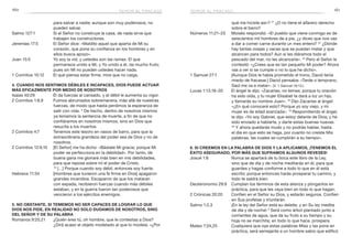 160 161
qué me hiciste así»? 21
¿O no tiene el alfarero derecho
sobre el barro?
Números 11:21–23	 Moisés respondió: «El pueblo que viene conmigo es de
seiscientos mil hombres de a pie, ¿y dices que nos vas
a dar a comer carne durante un mes entero? 22
 ¿Dónde
hay tantas ovejas y vacas que se puedan matar y que
alcancen para todos? Aun si les diéramos todo el
pescado del mar, no les alcanzaría». 23
Pero el Señor le
contestó: «¿Crees que es tan pequeño Mi poder? Ahora
vas a ver si se cumple o no lo que he dicho».
1 Samuel 27:1	 [Aunque Dios le había prometido el trono, David tenía
miedo de fracasar.] David pensaba: «Tarde o temprano,
Saúl me va a matar». (V. 1 Samuel 16:13.)
Lucas 1:13,18–20	 El ángel le dijo: «Zacarías, no temas; porque tu oración
ha sido oída, y tu mujer Elisabet te dará a luz un hijo,
y llamarás su nombre Juan». 18
Dijo Zacarías al ángel:
«¿En qué conoceré esto? Porque yo soy viejo, y mi
mujer es de edad avanzada». 19
Respondiendo el ángel,
le dijo: «Yo soy Gabriel, que estoy delante de Dios; y he
sido enviado a hablarte, y darte estas buenas nuevas.
20
Y ahora quedarás mudo y no podrás hablar, hasta
el día en que esto se haga, por cuanto no creíste Mis
palabras, las cuales se cumplirán a su tiempo».
6. Si creemos en la Palabra de Dios y la aplicamos, ¡tenemos el
éxito asegurado, por más que suframos algunos reveses!
Josué 1:8	 Nunca se apartará de tu boca este libro de la Ley,
sino que de día y de noche meditarás en él, para que
guardes y hagas conforme a todo lo que en él está
escrito; porque entonces harás prosperar tu camino, y
todo te saldrá bien.
Deuteronomio 29:9	 Cumplan los términos de esta alianza y pónganlos en
práctica, para que les vaya bien en todo lo que hagan.
2 Crónicas 20:20	 Confíen en el Señor su Dios, y estarán seguros. Confíen
en Sus profetas y triunfarán.
Salmo 1:2,3	 ¡En la ley del Señor está su deleite, y en Su ley medita
de día y de noche! 3
Será como árbol plantado junto a
corrientes de agua, que da su fruto a su tiempo y su
hoja no se marchita; en todo lo que hace, prospera.
Mateo 7:24,25	 Cualquiera que oye estas palabras Mías y las pone en
práctica, será semejante a un hombre sabio que edificó
para salvar a nadie; aunque son muy poderosos, no
pueden salvar.
Salmo 127:1	 Si el Señor no construye la casa, de nada sirve que
trabajen los constructores.
Jeremías 17:5	 El Señor dice: «Maldito aquel que aparta de Mí su
corazón, que pone su confianza en los hombres y en
ellos busca apoyo».
Juan 15:5	 Yo soy la vid, y ustedes son las ramas. El que
permanece unido a Mí, y Yo unido a él, da mucho fruto;
pues sin Mí no pueden ustedes hacer nada.
1 Corintios 10:12	 El que piensa estar firme, mire que no caiga.
4. Cuando nos sentimos débiles e incapaces, Dios puede actuar
más eficazmente por medio de nosotros
Isaías 40:29	 Él da fuerzas al cansado, y al débil le aumenta su vigor.
2 Corintios 1:8,9	 Fuimos abrumados sobremanera, más allá de nuestras
fuerzas, de modo que hasta perdimos la esperanza de
salir con vida. 9
De hecho, dentro de nosotros mismos
ya teníamos la sentencia de muerte, a fin de que no
confiáramos en nosotros mismos, sino en Dios que
resucita a los muertos.
2 Corintios 4:7	 Tenemos este tesoro en vasos de barro, para que la
extraordinaria grandeza del poder sea de Dios y no de
nosotros.
2 Corintios 12:9,10	 [El Señor] me ha dicho: «Bástate Mi gracia; porque Mi
poder se perfecciona en la debilidad». Por tanto, de
buena gana me gloriaré más bien en mis debilidades,
para que repose sobre mí el poder de Cristo.
10
 […] Porque cuando soy débil, entonces soy fuerte.
Hebreos 11:34	 [Hombres que tuvieron una fe firme en Dios] apagaron
grandes incendios. Escaparon de que los mataran
con espada, recibieron fuerzas cuando más débiles
estaban, y en la guerra fueron tan poderosos que
vencieron a los ejércitos enemigos.
5. No obstante, si tememos no ser capaces de lograr lo que
Dios nos pide, en realidad no solo dudamos de nosotros, sino
del Señor y de Su Palabra
Romanos 9:20,21	 ¿Quién eres tú, oh hombre, que le contestas a Dios?
¿Dirá acaso el objeto modelado al que lo modela: «¿Por
temor al fracasotemor al fracaso
 