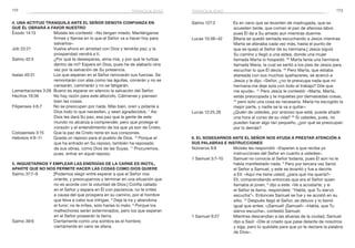 172 173
Salmo 127:2	 Es en vano que se levanten de madrugada, que se
acuesten tarde, que coman el pan de afanosa labor,
pues Él da a Su amado aun mientras duerme.
Lucas 10:38–42	 [María se quedó sentada escuchando a Jesús mientras
Marta se afanaba cada vez más, hasta el punto de
que se quejó al Señor de su hermana.] Jesús siguió
Su camino y llegó a una aldea, donde una mujer
llamada Marta lo hospedó. 39
Marta tenía una hermana
llamada María, la cual se sentó a los pies de Jesús para
escuchar lo que Él decía. 40
Pero Marta, que estaba
atareada con sus muchos quehaceres, se acercó a
Jesús y le dijo: «Señor, ¿no te preocupa nada que mi
hermana me deje sola con todo el trabajo? Dile que
me ayude». 41
Pero Jesús le contestó: «Marta, Marta,
estás preocupada y te inquietas por demasiadas cosas,
42
 pero solo una cosa es necesaria. María ha escogido la
mejor parte, y nadie se la va a quitar».
Lucas 12:25,26	 ¿Quién de ustedes, por ansioso que esté, puede añadir
una hora al curso de su vida? 26
Si ustedes, pues, no
pueden hacer algo tan pequeño, ¿por qué se preocupan
por lo demás?
6. El sosegarnos ante el Señor nos ayuda a prestar atención a
Sus palabras e instrucciones
Números 9:8	 Moisés les respondió: «Esperen a que reciba yo
instrucciones del Señor en cuanto a ustedes».
1 Samuel 3:7–10	 Samuel no conocía al Señor todavía, pues Él aún no le
había manifestado nada. 8
Pero por tercera vez llamó
el Señor a Samuel, y este se levantó y fue a decirle
a Elí: «Aquí me tiene usted; ¿para qué me quería?»
Elí, comprendiendo entonces que era el Señor quien
llamaba al joven, 9
dijo a este: «Ve a acostarte; y si
el Señor te llama, respóndele: “Habla, que Tu siervo
escucha”». Entonces Samuel se fue y se acostó en su
sitio. 10
Después llegó el Señor, se detuvo y lo llamó
igual que antes: «¡Samuel! ¡Samuel!» «Habla, que Tu
siervo escucha», contestó Samuel.
1 Samuel 9:27	 Mientras descendían a las afueras de la ciudad, Samuel
dijo a Saúl: «Dile al criado que pase delante de nosotros
y siga, pero tú quédate para que yo te declare la palabra
de Dios».
4. Una actitud tranquila ante el Señor denota confianza en
que Él obrará a favor nuestro
Éxodo 14:13	 Moisés les contestó: «No tengan miedo. Manténganse
firmes y fíjense en lo que el Señor va a hacer hoy para
salvarlos».
Job 22:21	 Vuelve ahora en amistad con Dios y tendrás paz; y la
prosperidad vendrá a ti.
Salmo 42:5	 ¿Por qué te desesperas, alma mía, y por qué te turbas
dentro de mí? Espera en Dios, pues he de alabarlo otra
vez por la salvación de Su presencia.
Isaías 40:31	 Los que esperan en el Señor renovarán sus fuerzas. Se
remontarán con alas como las águilas, correrán y no se
cansarán, caminarán y no se fatigarán.
Lamentaciones 3:26	 Bueno es esperar en silencio la salvación del Señor.
Hechos 19:36	 No hay razón para este alboroto. Cálmense y piensen
bien las cosas.
Filipenses 4:6,7	 No se preocupen por nada. Más bien, oren y pídanle a
Dios todo lo que necesiten, y sean agradecidos. 7
 Así
Dios les dará Su paz, esa paz que la gente de este
mundo no alcanza a comprender, pero que protege el
corazón y el entendimiento de los que ya son de Cristo.
Colosenses 3:15	 Que la paz de Cristo reine en sus corazones.
Hebreos 4:9–11	 Queda un reposo para el pueblo de Dios. 10
Porque el
que ha entrado en Su reposo, también ha reposado
de sus obras, como Dios de las Suyas. 11
Procuremos,
pues, entrar en aquel reposo.
5. Inquietarnos y emplear las energías de la carne es inútil,
aparte que no nos permite hacer las cosas como Dios quiere
Salmo 37:7–9	 [Podemos elegir entre esperar a que el Señor nos
oriente, y preocuparnos y terminar en una situación que
no es acorde con la voluntad de Dios.] Confía callado
en el Señor y espera en Él con paciencia; no te irrites
a causa del que prospera en su camino, por el hombre
que lleva a cabo sus intrigas. 8
Deja la ira y abandona
el furor; no te irrites, solo harías lo malo. 9
Porque los
malhechores serán exterminados, pero los que esperan
en el Señor poseerán la tierra.
Salmo 39:6	 Ciertamente como una sombra es el hombre;
ciertamente en vano se afana.
tranquilidadtranquilidad
 