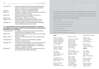 175
	174
Ánimo
1.
Proverbios 12:25 (NBLH)
Proverbios 15:23 (RVR 1909)
Proverbios 16:24 (RVR 1909)
Proverbios 27:9 (RVR 1960)
2 Crónicas 15:8 (RVR 95)
1 Juan 1:4 (NBLH)
2.
Eclesiastés 4:9,10 (RVR 95)
Proverbios 18:24 (DHH)
Proverbios 17:17 (NBLH)
3.
Job 4:4 (NBLH)
Isaías 35:3,4 (DHH)
1 Tesalonicenses 4:18 (DHH)
Hebreos 3:13 (DHH)
4.
2 Corintios 2:7,8 (DHH)
Lamentaciones 3:31,32 (NBLH)
Gálatas 6:1 (NBLH)
5.
Romanos 15:1,2 (NBLH)
Gálatas 6:2 (DHH)
1 Tesalonicenses 5:14 (DHH)
6.
2 Corintios 1:4–7 (DHH)
7.
2 Crónicas 32:6–8,21 (NBLH)
Salmo 66:16 (DHH)
Salmo 78:2–7 (DHH)
Salmo 34:2 (NBLH)
Salmo 69:30,32 (DHH)
Salmo 119:74 (RVR 1909)
Isaías 63:7 (DHH)
1 Pedro 3:15 (DHH)
9.
Salmo 133:1 (DHH)
Hechos 4:23,24,29,31,33 (TLA)
Romanos 1:11,12 (DHH)
Colosenses 2:2 (NBLH)
10.
Isaías 41:13 (DHH)
Mateo 14:27 (DHH)
Salmo 31:24 (NBLH)
Salmo 46:1 (RVR 1909)
Salmo 145:14 (NBLH)
Juan 6:63 (NBLH)
Lucas 24:32 (RVR 1909)
Colosenses 3:16 (NBLH)
1 Tesalonicenses 4:16–18 (NBLH)
11.
Isaías 58:10 (DHH)
Proverbios 11:25 (RVR 95)
Lucas 6:38 (DHH)
2 Corintios 9:6 (RVR 95)
12.
Isaías 50:4 (DHH)
1 Pedro 4:11 (RVR 95)
1 Corintios 14:3,12,31 (DHH)
Aprecio
1.
Job 1:8 (NBLH)
Hechos 13:22 (DHH)
Juan 1:47 (TLA)
Lucas 7:9 (TLA)
Mateo 15:22–28 (RVR 1960)
2.
Mateo 25:21 (RVR 1909)
Lucas 12:37 (DHH)
Hebreos 6:10 (NBLH)
3.
Proverbios 31:30 (NBLH)
Cantares 6:9 (RVR 95)
1 Samuel 15:6 (DHH)
versículos
citados en esta obra:
A continuación se presenta una relación de los versículos que se reproducen en
este libro, con una indicación de la versión de la Biblia de la que se tomó cada uno.
Las referencias aparecen exactamente en el mismo orden que en el libro, cada una
dentro del capítulo y el apartado correspondiente.
Siglas empleadas:
RVR 1909: Reina-Valera, revisión de 1909.
RVR 1960: Reina-Valera, revisión de 1960.
RVR 95: Reina-Valera, revisión de 1995.
DHH: Dios Habla Hoy.
TLA: Traducción en lenguaje actual.
NBLH: Nueva Biblia Latinoamericana de Hoy.
1 Samuel 12:7	 Aguardad, y discutiré con vosotros delante [del Señor]
acerca de todos los hechos de salvación que [Él] ha
hecho con vosotros y con vuestros padres.
Job 37:14	 Detente, y considera las maravillas de Dios.
Salmo 4:4	 ¡Tiemblen y no pequen más! Ya acostados, y en silencio,
examinen su propia conciencia.
Salmo 25:9	 [Dios] encaminará a los humildes por el juicio, y
enseñará a los mansos su carrera.
Salmo 46:10	 Estén quietos, y sepan que Yo soy Dios.
Habacuc 2:20	 El Señor está en Su santo templo: ¡guarde silencio
delante de Él toda la tierra! (V. también Zacarías 2:13.)
Santiago 1:21	 Reciban ustedes con humildad la palabra implantada,
que es poderosa para salvar sus almas.
7. La certidumbre de que estamos esforzándonos al máximo
por agradar al Señor y hacer Su voluntad nos da tranquilidad
de espíritu y paz interior
2 Crónicas 20:30	 El reinado de Josafat siguió tranquilo, porque Dios le
concedió paz con los países vecinos.
Salmo 37:37	 Fíjate en el hombre honrado y sin tacha: el futuro de ese
hombre es la paz.
Salmo 119:165	 Mucha paz tienen los que aman Tu ley, y nada los hace
tropezar.
Proverbios 1:33	 El que me escuche vivirá confiadamente, estará
tranquilo, sin temor del mal.
Isaías 32:17,18	 La obra de la justicia será paz, y el servicio de la justicia,
tranquilidad y confianza para siempre. 18
Entonces
habitará Mi pueblo en albergue de paz, en mansiones
seguras y en lugares de reposo.
Romanos 5:1	 Justificados pues por la fe, tenemos paz para con Dios
por medio de nuestro Señor Jesucristo.
tranquilidad
 