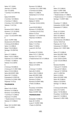 186
Salmo 127:1 (DHH)
Jeremías 17:5 (DHH)
Juan 15:5 (DHH)
1 Corintios 10:12 (RVR 95)
4.
Isaías 40:29 (DHH)
2 Corintios 1:8,9 (NBLH)
2 Corintios 4:7 (NBLH)
2 Corintios 12:9,10 (RVR 1960)
Hebreos 11:34 (TLA)
5.
Romanos 9:20,21 (NBLH)
Números 11:21–23 (DHH)
1 Samuel 27:1 (DHH)
Lucas 1:13,18–20 (RVR 1960)
6.
Josué 1:8 (RVR 1960)
Deuteronomio 29:9 (DHH)
2 Crónicas 20:20 (NBLH)
Salmo 1:2,3 (NBLH)
Mateo 7:24,25 (NBLH)
Santiago 1:25 (RVR 95)
7.
Salmo 27:13 (NBLH)
Mateo 14:25–31 (NBLH)
Filipenses 3:13,14 (RVR 1960)
2 Timoteo 1:12 (NBLH)
Hebreos 12:2,3 (DHH)
8.
2 Crónicas 16:9 (NBLH)
2 Crónicas 31:21 (RVR 1960)
Salmo 37:23,24 (NBLH)
Salmo 68:28 (RVR 1909)
Salmo 94:17,18 (DHH)
Eclesiastés 8:12 (RVR 95)
2 Corintios 3:4,5 (RVR 1960)
Filipenses 1:6 (TLA)
Tolerancia
1.
Mateo 5:43–47 (DHH)
Romanos 12:18 (NBLH)
Romanos 14:2–6 (RVR 95)
1 Corintios 3:1–5 (NBLH)
Filipenses 3:15 (DHH)
1 Tesalonicenses 5:15 (TLA)
Hebreos 12:14 (NBLH)
2.
Mateo 18:21,22 (RVR 1960)
Lucas 17:4 (DHH)
Romanos 15:5 (NBLH)
1 Corintios 13:4,7 (RVR 1960)
2 Corintios 6:4,6 (DHH)
Efesios 4:1,2 (NBLH)
Colosenses 3:12,13 (TLA)
3.
Romanos 15:1,2 (NBLH)
Gálatas 6:1 (DHH)
1 Corintios 10:23,24 (DHH)
4.
Lucas 9:49,50 (NBLH)
Romanos 14:19 (RVR 95)
1 Corintios 9:19–22 (TLA)
Efesios 4:3 (TLA)
Filipenses 1:15–18 (RVR 95)
Filipenses 4:8 (NBLH)
5.
Levítico 19:34 (NBLH)
Mateo 7:1–5 (TLA)
Mateo 7:12 (DHH)
Lucas 6:31–33 (TLA)
6.
Proverbios 22:10 (DHH)
Mateo 18:15–17 (RVR 95)
Romanos 16:17 (TLA)
2 Tesalonicenses 3:6,14,15 (NBLH)
7.
Mateo 4:9–11 (RVR 95)
Efesios 4:27 (DHH)
8.
2 Crónicas 7:14 (DHH)
Salmo 86:15 (DHH)
Salmo 103:8–10 (NBLH)
Isaías 48:9 (RVR 1960)
Hechos 17:30 (RVR 95)
Romanos 2:4 (DHH)
Romanos 5:8 (RVR 1960)
2 Pedro 3:9 (NBLH)
9.
Proverbios 12:20 (DHH)
Gálatas 5:22 (NBLH)
Mateo 5:9 (RVR 1909)
Tranquilidad
1.
Eclesiastés 7:8 (NBLH)
Isaías 30:15 (DHH)
Lucas 21:19 (RVR 1960)
1 Pedro 3:4 (RVR 95)
2.
Salmo 131:2 (NBLH)
Isaías 7:4 (RVR 1960)
Sofonías 2:3 (RVR 1960)
1 Tesalonicenses 4:11 (NBLH)
2 Tesalonicenses 3:11,12 (DHH)
Santiago 1:19 (RVR 1960)
3.
Proverbios 17:1 (NBLH)
Eclesiastés 4:6 (RVR 1909)
Eclesiastés 9:17 (NBLH)
4.
Éxodo 14:13 (DHH)
Job 22:21 (RVR 95)
Salmo 42:5 (NBLH)
Isaías 40:31 (NBLH)
Lamentaciones 3:26 (NBLH)
Hechos 19:36 (TLA)
Filipenses 4:6,7 (TLA)
Colosenses 3:15 (NBLH)
Hebreos 4:9–11 (RVR 1960)
5.
Salmo 37:7–9 (NBLH)
Salmo 39:6 (RVR 1960)
Salmo 127:2 (NBLH)
Lucas 10:38–42 (DHH)
Lucas 12:25,26 (NBLH)
6.
Números 9:8 (DHH)
1 Samuel 3:7–10 (DHH)
1 Samuel 9:27 (NBLH)
1 Samuel 12:7 (RVR 95)
Job 37:14 (RVR 95)
Salmo 4:4 (DHH)
Salmo 25:9 (RVR 1909)
Salmo 46:10 (NBLH)
Habacuc 2:20 (DHH)
Santiago 1:21 (NBLH)
7.
2 Crónicas 20:30 (DHH)
Salmo 37:37 (DHH)
Salmo 119:165 (NBLH)
Proverbios 1:33 (RVR 95)
Isaías 32:17,18 (NBLH)
Romanos 5:1 (RVR 1909)
 