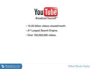 • 15-20 billion videos viewed/month.
• 2nd Largest Search Engine.
• Over 100,000,000 videos.




                                       What Works Today
 