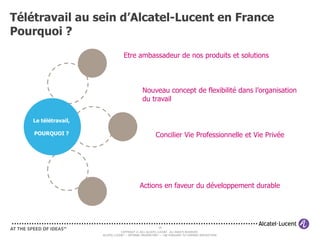Télétravail au sein d’Alcatel-Lucent en France
Pourquoi ?
                                   Etre ambassadeur de nos produits et solutions



                                                Nouveau concept de flexibilité dans l’organisation
                                                du travail

    Le télétravail,

    POURQUOI ?                                          Concilier Vie Professionnelle et Vie Privée




                                              Actions en faveur du développement durable




                                                          34
                                  COPYRIGHT © 2011 ALCATEL-LUCENT. ALL RIGHTS RESERVED.
                      ALCATEL-LUCENT — INTERNAL PROPRIETARY — USE PURSUANT TO COMPANY INSTRUCTION
 