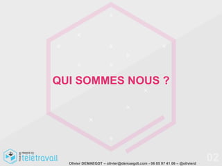 QUI SOMMES NOUS ?




  Olivier DEMAEGDT – olivier@demaegdt.com - 06 85 97 41 06 – @olivierd
                                                                         02
 