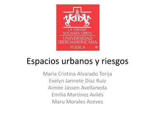 Espacios urbanos y riesgos
María Cristina Alvarado Torija
Evelyn Jannete Díaz Ruiz
Aimée Jassen Avellaneda
Emilia Martínez Avilés
Maru Morales Aceves
 
