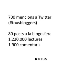 700 mencions a Twitter
(#tousbloggers)

80 posts a la blogosfera
1.220.000 lectures
1.900 comentaris
 