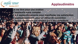 Applaudimètre
10
Je me lève pour une ovation
J’applaudis sans compter
3 à 4 applaudissements pour manifester ma satisfaction
2 applaudissements pour un début de conviction
1 applaudissement par respect pour les comédiens
 