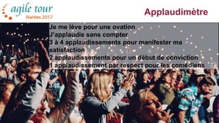 Applaudimètre
15
Je me lève pour une ovation
J’applaudis sans compter
3 à 4 applaudissements pour manifester ma
satisfaction
2 applaudissements pour un début de conviction
1 applaudissement par respect pour les comédiens
 