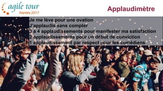 Applaudimètre
4
Je me lève pour une ovation
J’applaudis sans compter
3 à 4 applaudissements pour manifester ma satisfaction
2 applaudissements pour un début de conviction
1 applaudissement par respect pour les comédiens
 