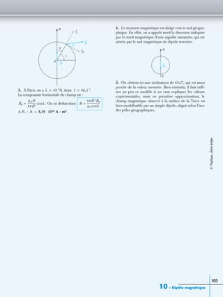 10 – Dipôle magnétique
105
3. À Paris, on a °N, donc
La composante horizontale du champ est :
On en déduit donc
A.N. : A · m2.
4. Le moment magnétique est dirigé vers le sud géogra-
phique. En effet, on a appelé nord la direction indiquée
par le nord magnétique d’une aiguille aimantée, qui est
attirée par le sud magnétique du dipôle terrestre.
5. On obtient ici une inclinaison de 66,5°, qui est assez
proche de la valeur mesurée. Bien entendu, il faut rafﬁ-
ner un peu ce modèle si on veut expliquer les valeurs
expérimentales, mais en première approximation, le
champ magnétique observé à la surface de la Terre est
bien modélisable par un simple dipôle, aligné selon l’axe
des pôles géographiques.
N
O
I
θ
λ
er
eθ
B
ᏹ
λ 49= I 66,5 °.=
Bθ
µ0ᏹ
4πR 3
-------------- λ.cos= ᏹ
4πR 3Bθ
µ0 λcos
---------------------=
ᏹ 8,19 1022·=
N
S
ᏹ
©Nathan,classeprépa
 