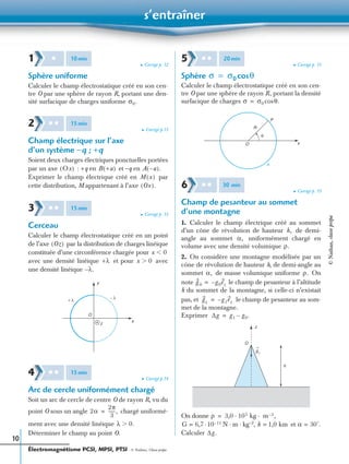 s’entraîner
Électromagnétisme PCSI, MPSI, PTSI - © Nathan, Classe prépa
10
➤ Corrigé p. 12
Sphère uniforme
Calculer le champ électrostatique créé en son cen-
tre O par une sphère de rayon R, portant une den-
sité surfacique de charges uniforme
➤ Corrigé p.13
Champ électrique sur l’axe
d’un système −q ; +q
Soient deux charges électriques ponctuelles portées
par un axe : +q en et −q en
Exprimer le champ électrique créé en par
cette distribution, M appartenant à l’axe
➤ Corrigé p. 13
Cerceau
Calculer le champ électrostatique créé en un point
de l’axe par la distribution de charges linéique
constituée d’une circonférence chargée pour
avec une densité linéique et pour avec
une densité linéique
➤ Corrigé p.14
Arc de cercle uniformément chargé
Soit un arc de cercle de centre O de rayon R, vu du
point O sous un angle chargé uniformé-
ment avec une densité linéique
Déterminer le champ au point O.
➤ Corrigé p. 15
Sphère
Calculer le champ électrostatique créé en son cen-
tre O par une sphère de rayon R, portant la densité
surfacique de charges
➤ Corrigé p. 15
Champ de pesanteur au sommet
d’une montagne
1. Calculer le champ électrique créé au sommet
d’un cône de révolution de hauteur de demi-
angle au sommet uniformément chargé en
volume avec une densité volumique
2. On considère une montagne modélisée par un
cône de révolution de hauteur h, de demi-angle au
sommet de masse volumique uniforme On
note le champ de pesanteur à l’altitude
h du sommet de la montagne, si celle-ci n’existait
pas, et le champ de pesanteur au som-
met de la montagne.
Exprimer
On donne
N · m · kg–2
, et
Calculer
1 ✱ 10min
σ0.
2 ✱ ✱ 15min
Ox( ) B +a( ) A a–( ).
M x( )
Ox( ).
3 ✱ ✱ 15min
Oz( )
x 0Ͻ
+λ x 0Ͼ
λ.–
x
y
z
O
λ+
λ–
4 ✱ ✱ 15min
2α
2π
3
------,=
λ 0.Ͼ
5 ✱ ✱ 20min
σ σ0 θcos=
σ σ0 θ.cos=
O
R
P
x
θ
σ
6 ✱ ✱ 30 min
h,
α,
ρ.
α, ρ.
g0 g0ez–=
g1
g1ez–=
∆g g1 g0.–=
O
z
h
g1
ρ 3,0 103 kg m 3– ,· ·=
G 6,7 10 11–·= h 1,0 km= α 30°.=
∆g.
©Nathan,classeprépa
 