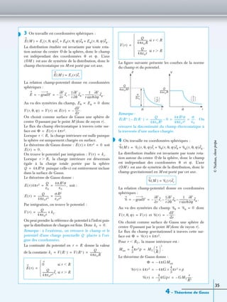 4 – Théorème de Gauss
35
3 On travaille en coordonnées sphériques :
.
La distribution étudiée est invariante par toute rota-
tion autour du centre O de la sphère, donc le champ
est indépendant des coordonnées et L’axe
est axe de symétrie de la distribution, donc le
champ électrostatique en M est porté par cet axe.
La relation champ-potentiel donne en coordonnées
sphériques :
.
Au vu des symétries du champ, donc
et
On choisit comme surface de Gauss une sphère de
centre O passant par le point M (donc de rayon r).
Le ﬂux du champ électrostatique à travers cette sur-
face est
Lorsque la charge intérieure est nulle puisque
la sphère est uniquement chargée en surface.
Le théorème de Gauss donne : soit
On trouve le potentiel par intégration :
Lorsque la charge intérieure est désormais
égale à la charge totale portée par la sphère
puisque celle-ci est entièrement incluse
dans la surface de Gauss.
Le théorème de Gauss donne :
soit :
Par intégration, on trouve le potentiel :
On peut prendre la référence de potentiel à l’inﬁni puis-
que la distribution de charges est ﬁnie. Donc
Remarque : à l’extérieur, on retrouve le champ et le
potentiel d’une charge ponctuelle Q placée à l’ori-
gine des coordonnées.
La continuité du potentiel en donne la valeur
de la constante
La ﬁgure suivante présente les courbes de la norme
du champ et du potentiel.
Remarque :
On
retrouve la discontinuité du champ électrostatique à
la traversée d’une surface chargée.
4 On travaille en coordonnées sphériques :
.
La distribution étudiée est invariante par toute rota-
tion autour du centre O de la sphère, donc le champ
est indépendant des coordonnées et L’axe
est axe de symétrie de la distribution, donc le
champ gravitationnel en M est porté par cet axe.
La relation champ-potentiel donne en coordonnées
sphériques :
.
Au vu des symétries du champ donc
et
On choisit comme surface de Gauss une sphère de
centre O passant par le point M (donc de rayon r).
Le ﬂux du champ gravitationnel à travers cette sur-
face est
Pour la masse intérieure est :
Le théorème de Gauss donne :
◗
E M( ) Er r θ ϕ, ,( )er Eθ r θ ϕ, ,( )eθ Eϕ r θ ϕ, ,( )eϕ+ +=
θ ϕ.
OM( )
E M( ) Er r( )er=
E gradV–
r∂
∂V
er–
1
r
---
θ∂
∂V
eθ
1
r θsin
--------------
ϕ∂
∂V
eϕ––= =
Eθ Eϕ 0= =
V r θ ϕ, ,( ) V r( )= E r( )
dV
dr
-------.–=
Φ E r( ) 4πr2.×=
r R,Ͻ
E r( ) 4πr2× 0=
E r( ) 0.=
V r( ) k1.=
r R,Ͼ
Q 4πR2σ=
E r( )4πr2 Q
ε0
----
4πR2σ
ε0
-----------------,= =
E r( )
Q
4πε0r2
-----------------
σR2
ε0r2
----------= =
V r( )
Q
4πε0r
-------------- k2.+=
k2 0.=
r R=
k1 V R –( ) V R+( )
Q
4πε0R
----------------.= = =
E r( )
0 si r RϽ
Q
4πε0r2
-----------------er si r RϾ





=
V r( )
Q
4πε0R
---------------- si r RϽ
Q
4πε0r
-------------- si r RϾ







=
σ
2ε0
--------
E V
1
r 2
----- 
  1
r
--- 
 
Q
4πε0R
-----------------
Q
4πε0R 2
---------------------
RR r r
E R +( ) E R –( )–
Q
4πε0R2
------------------- 0–
4πR2σ
4πε0r2
-----------------
σ
ε0
----.= = =
◗
Ᏻ M( ) Ᏻr r θ ϕ, ,( )er Ᏻθ r θ ϕ, ,( )eθ Ᏻϕ r θ ϕ, ,( )eϕ+ +=
θ ϕ.
OM( )
Ᏻ M( ) Ᏻr r( )er=
Ᏻ gradV–
r∂
∂V
er–
1
r
---
θ∂
∂V
eθ
1
r θsin
--------------
ϕ∂
∂V
eϕ––= =
Ᏻθ Ᏻϕ 0= =
V r θ ϕ, ,( ) V r( )= Ᏻ r( )
dV
dr
-------.–=
Φ Ᏻ r( ) 4πr2.×=
r RT,Ͻ
Mint
4
3
---πr3ρ MT
r
R
---
 
 
3
.= =
Φ 4πGMint–=
Ᏻ r( ) 4πr2× 4πG–
4
3
---πr3× ρ×=
Ᏻ r( )
4
3
---πGρr– GMT–
r
R3
------.= =
©Nathan,classeprépa
 