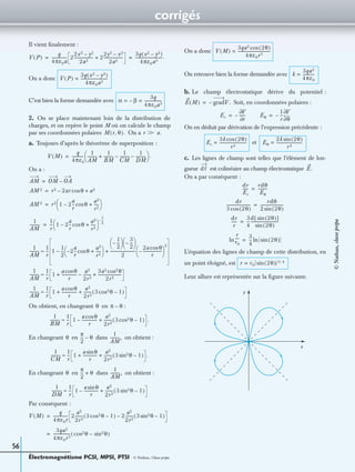 corrigés
Électromagnétisme PCSI, MPSI, PTSI - © Nathan, Classe prépa
56
Il vient ﬁnalement :
On a donc
C’est bien la forme demandée avec
2. On se place maintenant loin de la distribution de
charges, et on repère le point M où on calcule le champ
par ses coordonnées polaires On a
a. Toujours d’après le théorème de superposition :
On a :
On obtient, en changeant en :
En changeant en dans on obtient :
En changeant en dans on obtient :
Par conséquent :
On a donc
On retrouve bien la forme demandée avec
b. Le champ électrostatique dérive du potentiel :
Soit, en coordonnées polaires :
On en déduit par dérivation de l’expression précédente :
et
c. Les lignes de champ sont telles que l’élément de lon-
gueur est colinéaire au champ électrostatique
On a par conséquent :
L’équation des lignes de champ de cette distribution, en
un point éloigné, est
Leur allure est représentée sur la ﬁgure suivante.
V P( )
q
4πε0a
--------------- 2
2x2 y2–
2a2
------------------- 2
2y2 x2–
2a2
-------------------+
3q x2 y2–( )
4πε0a3
---------------------------.= =
V P( )
3q x2 y2–( )
4πε0a3
---------------------------=
α β–
3q
4πε0a3
-----------------= =
M r θ,( ). r Ͼ a.Ͼ
V M( )
q
4πε0
------------
1
AM
---------
1
BM
----------
1
CM
---------
1
DM
----------––+
 
  .=
AM OM OA–=
AM 2 r2 2ar θcos– a2+=
AM 2 r2 1 2
a
r
-- θcos–
a2
r2
-----+
 
 =
1
AM
----------
1
r
--- 1 2
a
r
-- θcos–
a2
r2
-----+
 
  –
1
2
---
=
1
AM
---------
1
r
--- 1
1
2
--- 2–
a
r
-- θcos
a2
r2
-----+
 
 –
1
2
---–
 
  3
2
---–
 
 
2
-------------------------
2a θcos
r
-------------------–
 
 
2
+≈
1
AM
---------
1
r
--- 1
a θcos
r
---------------
a2
2r2
--------–
3a2 θcos2
2r2
-----------------------+ +≈
1
AM
---------
1
r
--- 1
a θcos
r
---------------
a2
2r2
-------- 3 θcos2 1–( )+ +≈
θ π θ–
1
BM
----------
1
r
--- 1
a θcos
r
---------------–
a2
2r2
-------- 3 θcos2 1–( )+ .≈
θ
π
2
--- θ–
1
AM
---------,
1
CM
---------
1
r
--- 1
a θsin
r
--------------
a2
2r2
-------- 3 θsin2 1–( )+ + .≈
θ
π
2
--- θ+
1
AM
---------,
1
DM
----------
1
r
--- 1
a θsin
r
--------------–
a2
2r2
-------- 3 θsin2 1–( )+≈
V M( )
q
4πε0r
-------------- 2
a2
2r2
-------- 3 θcos2 1–( ) 2
a2
2r2
-------- 3 θsin2 1–( )–=
3qa2
4πε0r3
----------------- θcos2 θsin2–( )=
V M( )
3qa2 2θ( )cos
4πε0r3
--------------------------------=
k
3qa2
4πε0
------------=
E M( ) gradV.–=
Er
V∂
r∂
------–= Eθ
1
r
---–
θ∂
∂V
=
Er
3k 2θ( )cos
r4
---------------------------= Eθ
2k 2θ( )sin
r4
--------------------------=
dᐉ E.
dr
Er
------
rdθ
Eθ
---------=
dr
3 2θ( )cos
------------------------
rdθ
2 2θ( )sin
-----------------------=
dr
r
------
3
4
---
d 2θ( )sin[ ]
2θ( )sin
----------------------------=
r
r0
----ln
3
4
--- 2θ( )sinln=
r r0 2θ( )sin 3 4⁄=
y
x
©Nathan,classeprépa
 