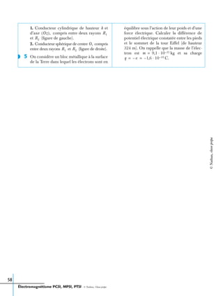 Électromagnétisme PCSI, MPSI, PTSI - © Nathan, Classe prépa
58
1. Conducteur cylindrique de hauteur h et
d’axe compris entre deux rayons
et (ﬁgure de gauche).
2. Conducteur sphérique de centre compris
entre deux rayons et (ﬁgure de droite).
5 On considère un bloc métallique à la surface
de la Terre dans lequel les électrons sont en
équilibre sous l’action de leur poids et d’une
force électrique. Calculer la différence de
potentiel électrique constatée entre les pieds
et le sommet de la tour Eiffel (de hauteur
324 m). On rappelle que la masse de l’élec-
tron est kg et sa charge
C.
Oz( ), R1
R2
O,
R1 R2
◗
m 9,1 10 31–⋅=
q e– 1,6– 10 19–⋅= =
©Nathan,classeprépa
 