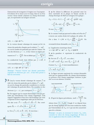 corrigés
Électromagnétisme PCSI, MPSI, PTSI - © Nathan, Classe prépa
68
l’intersection de la tangente à l’origine avec l’asymptote.
L’évolution de la vitesse avec le temps, dans le cas d’un
vecteur vitesse initiale colinéaire au champ électrostati-
que, est représentée sur la ﬁgure suivante.
A.N. : s.
4. Le vecteur densité volumique de courant est lié à la
vitesse des particules chargées par la relation
où n est le nombre de particules par unité de volume. On
a ici des électrons et leur vitesse en régime per-
manent est On en déduit que
La conductivité locale étant déﬁnie par il
vient immédiatement
A.N. :
Remarque : l’énoncé fournit une densité particulaire
exprimée en électrons par il faut bien penser à
faire la conversion.
7 1. a. Le vecteur densité volumique de courant est
relié à la vitesse des particules par la relation
où q est la charge des particules considérées et n la den-
sité volumique de particules libres. On considère ici des
électrons par conséquent
b. On suppose que le courant électronique n’est pas per-
turbé par l’introduction d’un champ magnétique. Cela
suppose l’apparition d’une force électrostatique qui vient
compenser la force magnétique subie par les électrons.
On doit avoir Par consé-
quent et
c. On a et Il vient donc :
2. a. On obtient la différence de potentiel entre les
deux extrémités de la plaque en faisant circuler le
champ électrique de Hall sur la largeur de la plaque :
Il vient
b. Le courant I total qui parcourt le milieu est le ﬂux de
à travers une section droite de la plaque, de surface
On a donc et On
reconnaît la forme demandée, avec
c. L’application numérique donne
et V.
3. a. La grandeur représente la conductivité du
milieu.
b. On écrit on a alors :
avec
Comme il vient immédiatement :
4. La ﬁgure suivante représente les vecteurs demandés
ainsi que les équipotentielles du champ électrostatique,
en présence d’un champ magnétique extérieur (à gau-
che) ou en son absence (à droite).
5. D’après les ﬁgures précédentes, On
obtient donc L’angle ne dépend donc
que du champ appliqué B et du semi-conducteur étudié,
par l’intermédiaire de et qui sont des caractéristi-
ques de ce dernier.
Remarque : on peut, en mesurant la tension créée,
connaître la valeur du champ magnétique B. Cela est
mis en application dans les sondes à effet Hall.
t
v
τ
eτE
m
-----------–
v0
eτE
m
-----------–
τ 3,0 10 14–·=
j nqv ,=
q e,–=
v
eτ
m
-----– E.= j
ne2τ
m
-----------E=
j σE,=
σ
ne2τ
m
-----------=
σ 6,2 107 Ω 1– m 1– .· ·=
cm3,
J
J nqv ,=
(q e),–= v
1
ne
------– J=
F e– EH v+ B∧( ) 0.= =
EH v– B∧= EH
1
ne
------ J B∧=
J J ex= B B ez.=
EH
JB
ne
-------ey–=
UH V 1( ) V 1′( )– dV– gradV dyey·–
1
1′
∫=
1
1′
∫= =
EH dyey·
JB
ne
-------dy–
JB
ne
-------– b–( ).×=
1
1′
∫=
1
1′
∫=
UH
JBb
ne
----------=
J
bh.
I Jbh= UH
IBb
bhne
------------
1
neh
---------IB.= =
CH
1
ne
------=
n 1,6 1022 e– m 3–· ·= UH 0,125=
σ
E EH E′,+=
J σE′ σ E EH–( ),= = EH
1
ne
------ J B.∧=
CH
1
ne
------,=
J σ E CH J– B∧( )=
J /σ E=J /σ
E
θ CH J B∧
Ligne équipotentielle Ligne équipotentielle
y
x
θtan
CH JB
J
σ
---
----------------.=
θ CHBσ= θ
CH σ
UH
©Nathan,classeprépa
 