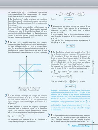 1 – Distributions de charges
7
par rotation d’axe La distribution présente une
symétrie cylindrique. Tout plan contenant ou per-
pendiculaire à est plan de symétrie.
2. La distribution n’est plus invariante par translation
d’axe mais elle est toujours invariante par rotation
d’axe Tout plan contenant est toujours plan
de symétrie.
En revanche, le plan perpendiculaire à passant par
O (plan est plan d’antisymétrie, puisqu’il
« échange » un point de densité linéique locale avec
un point de densité linéique locale La distribution de
charges ne présente plus de symétrie particulière pour
tout autre plan perpendiculaire à
4 Le plan parallèle aux deux faces chargées
passant par O, est plan d’antisymétrie de la distribution.
Les plans médiateurs, et et les plans diago-
naux des faces chargées sont des plans de symétrie de la
distribution de charges. Leur intersection avec le plan
d’une face chargée est représentée sur la ﬁgure ci-dessous.
5 1. La densité volumique de charges est indépen-
dante des coordonnées et il y a donc invariance
par toute rotation autour de O. On a une symétrie sphé-
rique. Tout plan contenant O est plan de symétrie de la
distribution.
2. On découpe la sphère en coquilles sphériques
comprises entre la sphère de rayon r et la sphère de
rayon Une telle coquille sphérique a un volume
et porte donc une charge élémentaire
Par intégration pour r variant de 0 à on obtient la
charge totale portée par la distribution :
Donc :
6 Considérons une petite portion, de hauteur h, du
cylindre chargé. Cette portion de la distribution a
un volume Elle porte donc la charge
Il lui correspond dans la description linéique un seg-
ment de droite de longueur h. Il porte donc une charge
Pour que les deux descriptions soient équivalentes, il
faut que soit :
7 La distribution présente une symétrie d’axe
On la découpe donc en couronnes élémentaires d’axe
constituées de tous les points de la sphère vus
depuis le centre O sous le même angle à près. La
surface élémentaire de cette couronne est
et elle porte donc une charge
élémentaire
En intégrant sur l’ensemble de la sphère, c’est-à-dire
pour variant de 0 à on obtient la charge totale q :
D'où et enﬁn :
Remarque : on reconnaît la charge totale d’une sphère
uniformément chargée en surface En effet, la dis-
tribution est la somme d’une sphère uniformément
chargée en surface et d’une sphère portant une
densité Cette deuxième partie donne un
hémisphère chargé positivement (pour et
un hémisphère chargé négativement (pour
avec la même valeur absolue, ce qui fait que les charges
se compensent.
8 1. Le cylindre inﬁni présente une invariance par trans-
lation d’axe et une invariance par rotation d’axe
Tout plan contenant l’axe est plan de symé-
trie, de même que tout plan perpendiculaire à l’axe
Ox( ).
Ox( )
Ox( )
Ox( )
Ox( ). Ox( )
Ox( )
yOz( ))
+λ
λ.–
Ox( ).
xOy( ),
xOz( ) yOz( ),
y
x
plan diagonal
plan médiateur
Plans de symétrie du cube, en coupe
dans le plan d’une face chargée.
θ φ,
r dr.+
dτ 4πr2dr=
dq ρdτ 4πρ0
r3
a0
-----dr.= =
a0,
q dq 4π
ρ0
a0
----- r3dr 4π
ρ0
a0
-----
r4
4
----
0
a0
.=
0
a0
∫=
0
a0
∫=
q πρ0a0
3
=
τ πa2h.=
q ρτ πρa2h.= =
q′ λh.=
q′ q,=
λ πρa2=
Oz( ).
Oz( )
θ dθ
dS 2πR θ Rdθ·sin=
dq σ0 1 θcos+( )2πR2 θdθ.sin=
θ π,
q dq 2πR2σ0=
sphère
∫= 1 θcos+( )d θcos–( )
0
π
∫
2πR2σ0 θcos
cos2 θ
2
----------------+
0
π
.–=
q 2πR2σ0– 1–
1
2
---+
 
  1
1
2
---+
 
 –=
q 4πR2σ0=
σ0( ).
σ0( )
σ σ0 θ.cos=
0 θ
π
2
---)Ͻ Ͻ
π
2
--- θ π),Ͻ Ͻ
Oz( )
Oz( ). Oz( )
Oz( ).
©Nathan,classeprépa
 