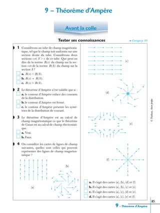 9 – Théorème d’Ampère
85
Tester ses connaissances ➤ Corrigés p. 89
1 Considérons un tube de champ magnétosta-
tique, tel que le champ soit uniforme sur une
section droite du tube. Considérons deux
sections s et de ce tube. Que peut-on
dire de la norme du champ sur la sec-
tion s et de la norme du champ sur la
section S ?
a.
b.
c.
2 Le théorème d’Ampère n’est valable que si :
a. le contour d’Ampère enlace des courants
de la distribution.
b. le contour d’Ampère est fermé.
c. le contour d’Ampère présente les symé-
tries de la distribution de courant.
3 Le théorème d’Ampère est au calcul de
champ magnétostatique ce que le théorème
de Gauss est au calcul de champ électrostati-
que.
a. Vrai.
b. Faux.
4 On considère les cartes de lignes de champ
suivantes, quelles sont celles qui peuvent
représenter des lignes de champ magnétos-
tatique ?
a. Il s’agit des cartes (a), (b), (d) et (f).
b. Il s’agit des cartes (a), (b), (c) et (e).
c. Il s’agit des cartes (a), (c), (d) et (e).
d. Il s’agit des cartes (a), (c), (e) et (f).
Avant la colle
◗
S sϾ
B s( )
B S( )
B s( ) B S( ).Ͻ
B s( ) B S( ).=
B s( ) B S( ).Ͼ
◗
◗
◗
(a)
(b)
(c)
(d)
(e)
(f)
9 – Théorème d’Ampère
©Nathan,classeprépa
 