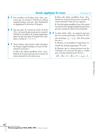 Électromagnétisme PCSI, MPSI, PTSI - © Nathan, Classe prépa
86
Savoir appliquer le cours ➤ Corrigés p. 89
1 On considère un ﬁl inﬁni, d’axe par-
couru par un courant I. Calculer le champ
magnétostatique créé par cette distribution
en appliquant le théorème d’Ampère.
2 Soit une spire de courant de centre O, d’axe
de rayon R, parcourue par un courant I.
Calculer la circulation du champ magnétosta-
tique créé par cette spire, le long de l’axe
(pour z variant de à ).
3 Tracer l’allure, dans le plan des lignes
du champ magnétostatique créé par les dis-
tributions suivantes :
1. Deux ﬁls inﬁnis parallèles d’axe
distants de d, parcourus par des courants de
même intensité I et de même sens.
2. Deux ﬁls inﬁnis parallèles d’axe
distants de d, parcourus par des courants de
même intensité I mais de sens opposés.
3. Trois ﬁls inﬁnis parallèles d’axe (Oz), placés
au sommet d’un triangle équilatéral, parcourus
par des courants de même sens et intensité.
4 Le plan inﬁni est supposé parcouru
par un courant électrique constant de den-
sité surfacique Soit M un point
de cote z.
1. Donner, en la justiﬁant, l’expression vec-
torielle du champ magnétique en M.
2. Montrer que ce champ présente une dis-
continuité à la traversée du plan et vériﬁer
que cette discontinuité peut s’écrire :
◗ Oz( ),
◗
Oz( ),
Oz( )
∞– +∞
◗ xOy( )
Oz( ),
Oz( ),
◗ xOy( )
jS jS ey.=
B
∆B B z 0+=( ) B z 0−=( )– µ0 js ez.∧= =
©Nathan,classeprépa
 