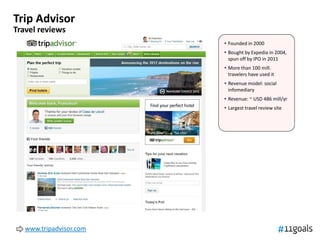 Trip Advisor
Travel reviews
                         • Founded in 2000
                         • Bought by Expedia in 2004,
                           spun off by IPO in 2011
                         • More than 100 mill.
                           travelers have used it
                         • Revenue model: social
                           infomediary
                         • Revenue: ~ USD 486 mill/yr
                         • Largest travel review site




   www.tripadvisor.com
 